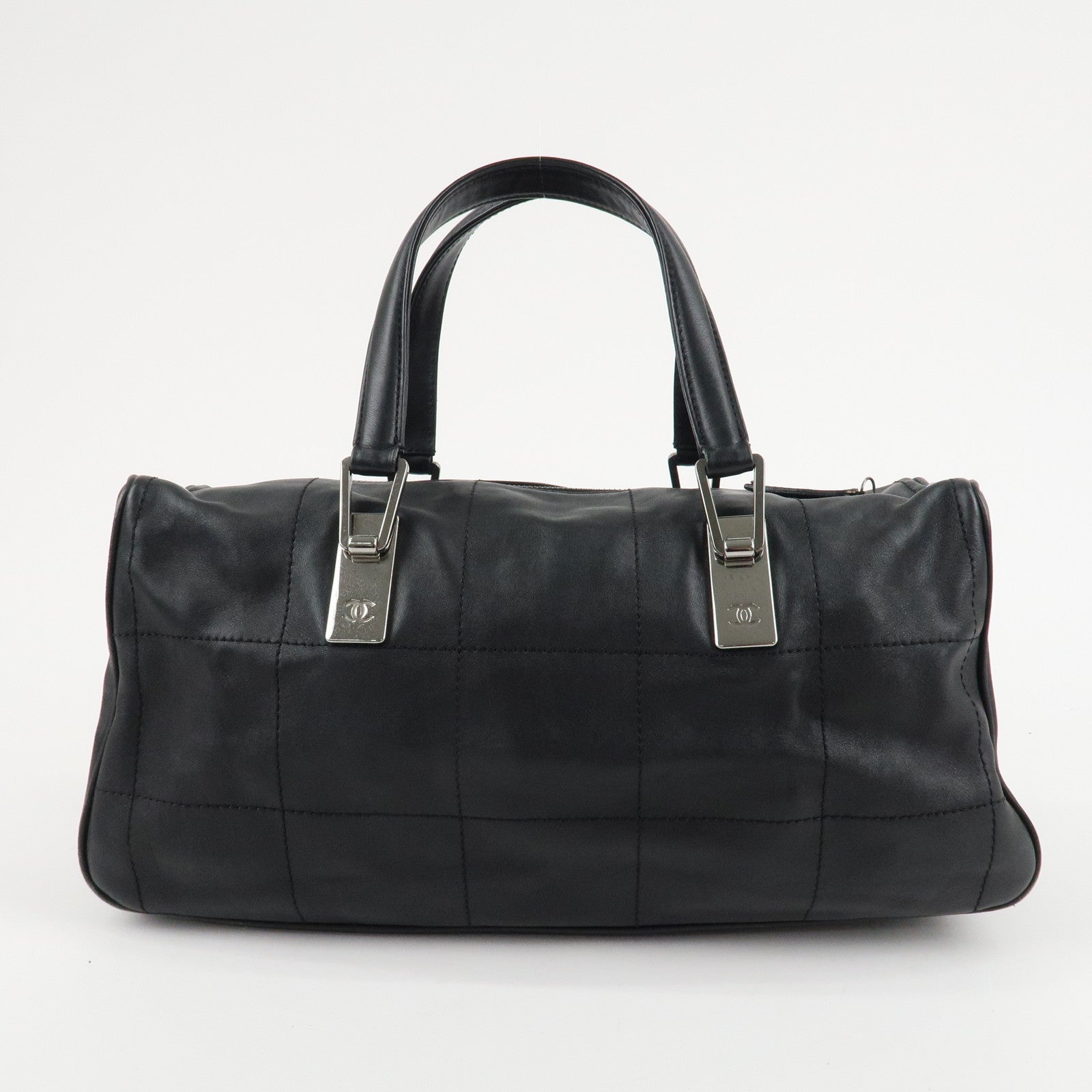 CHANEL Chocolate Bar Lamb Skin Mini Boston Bag Hand Bag Black Used