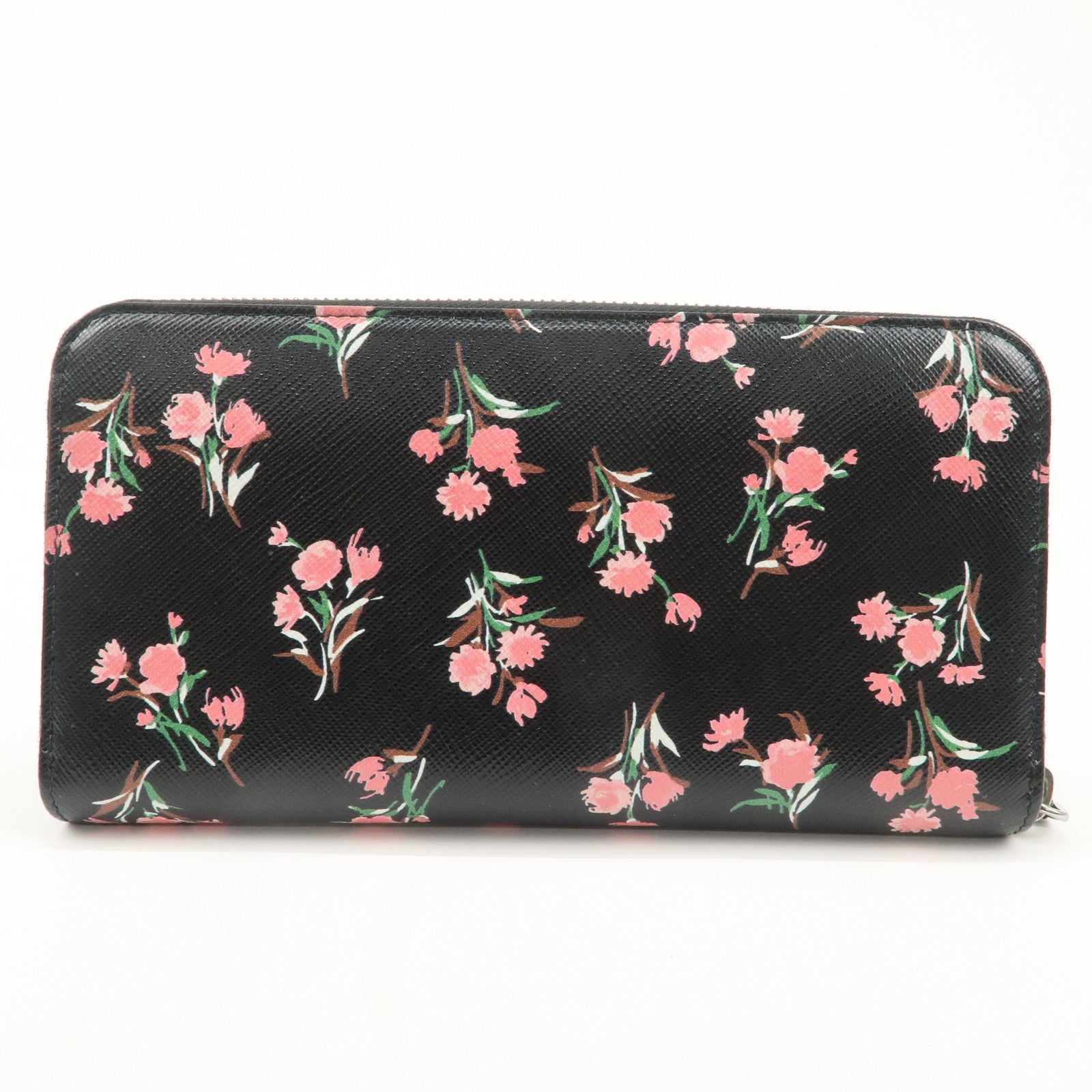 PRADA Logo Leather Round Zipper Long Wallet Flower 1ML506 Used