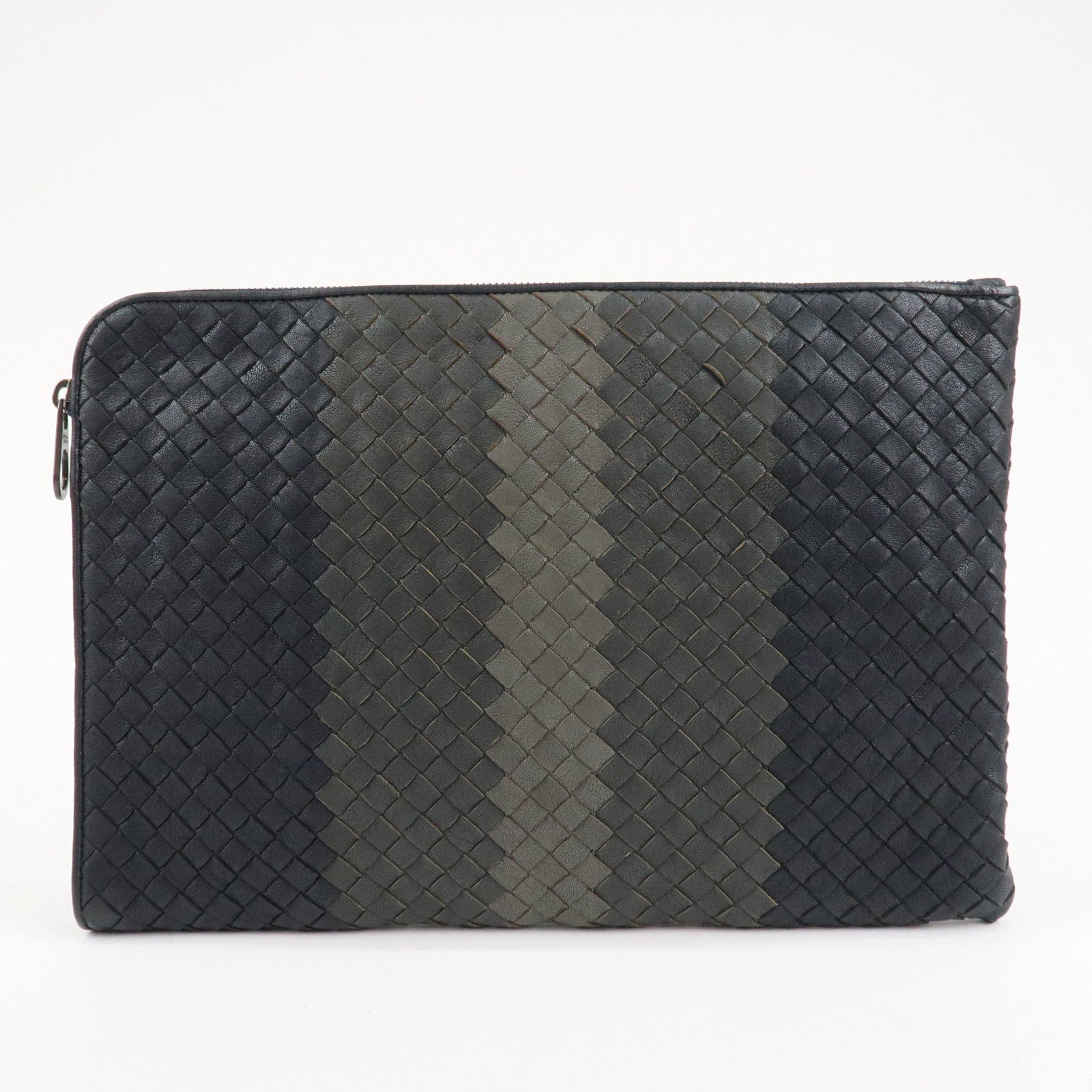 BOTTEGA VENETA Leather Clutch Bag Navy Gray Beige Used