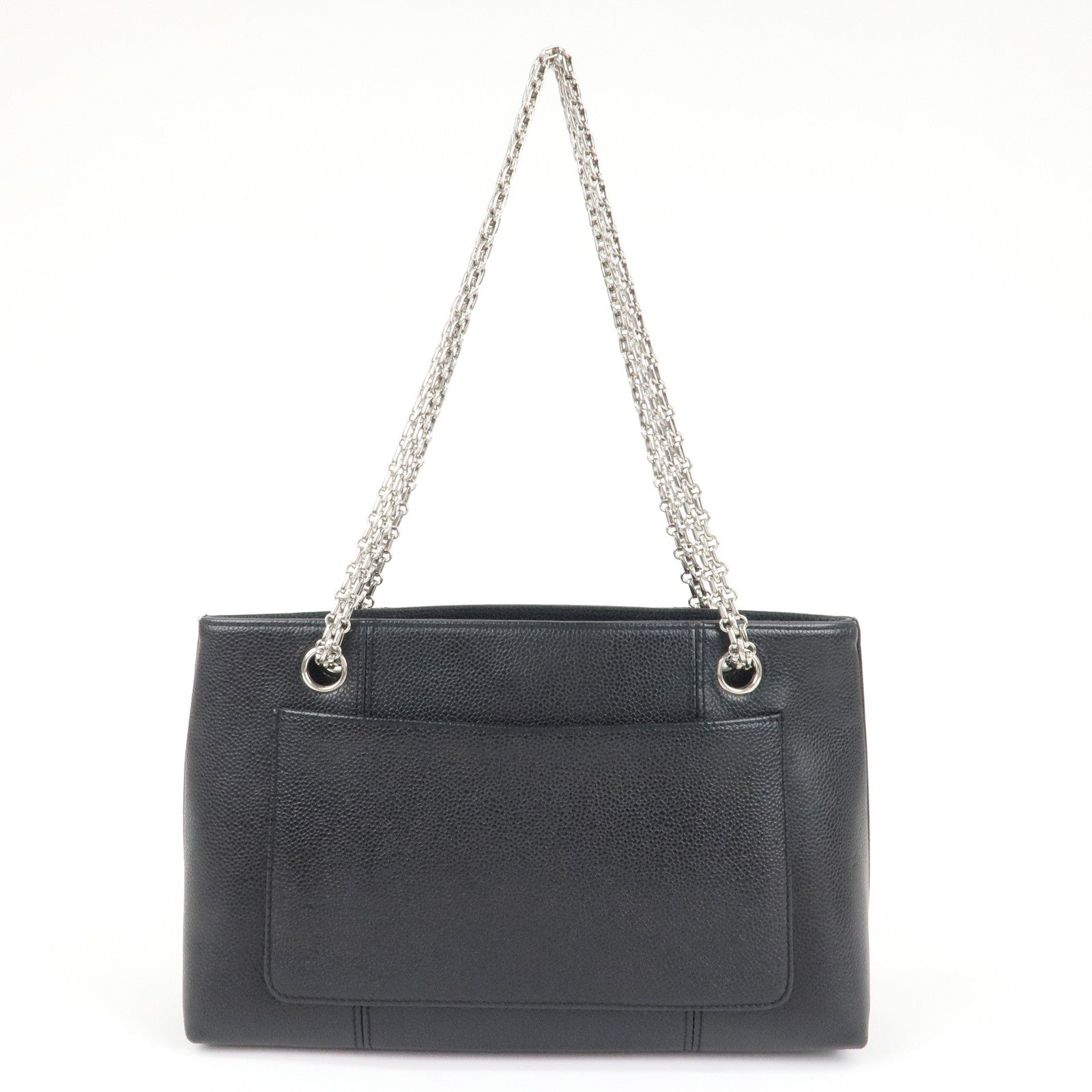 CHANEL Caviar Skin Chain Tote Bag Black Silver Hardware Used