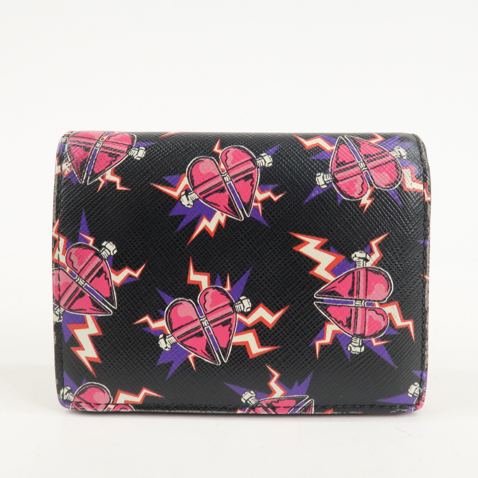 PRADA Logo Saffiano Leather Heart Print Bi-fold Wallet 1MV204 Used
