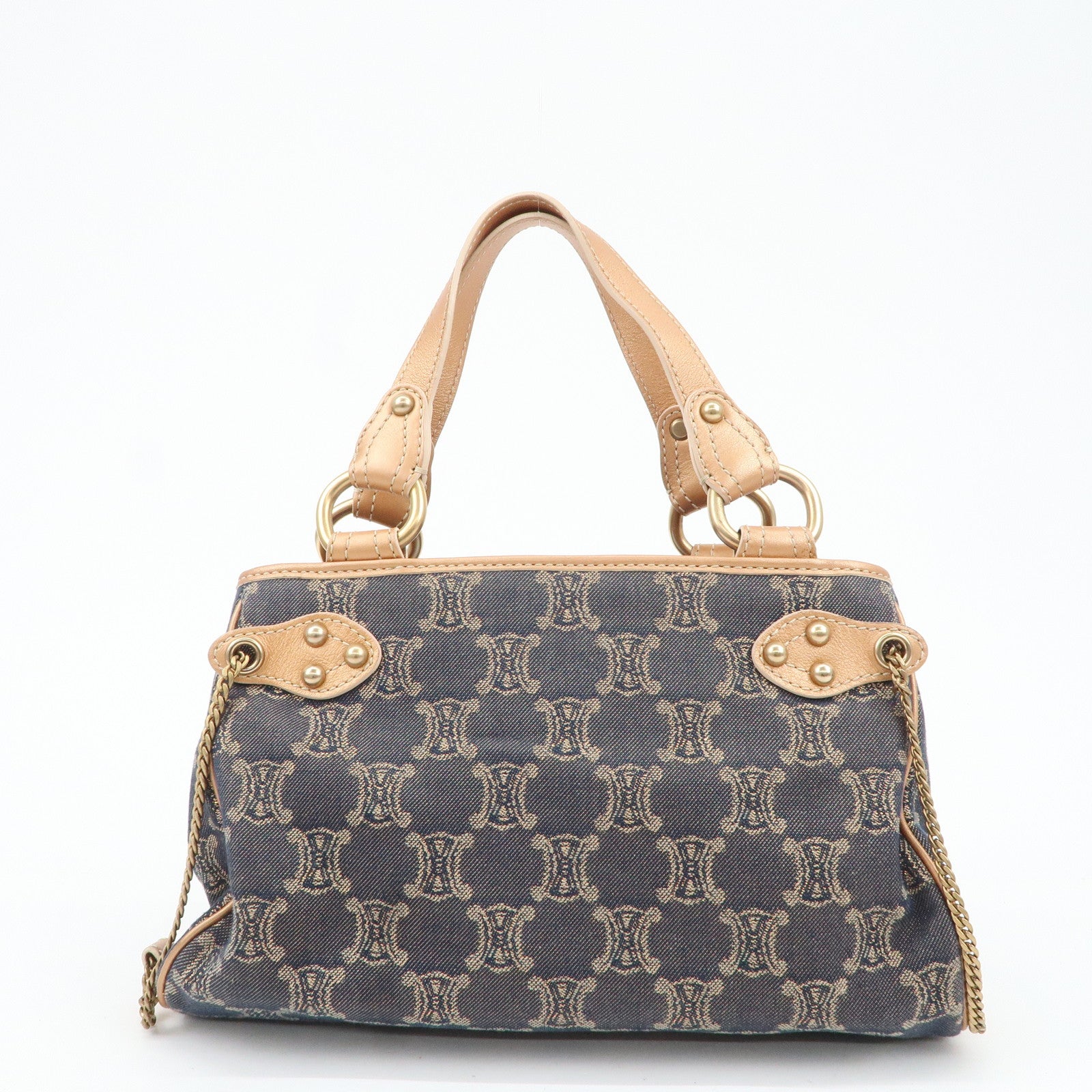 CELINE Macadam Denim Leather Tote Bag Shoulder Bag Navy Brown Used