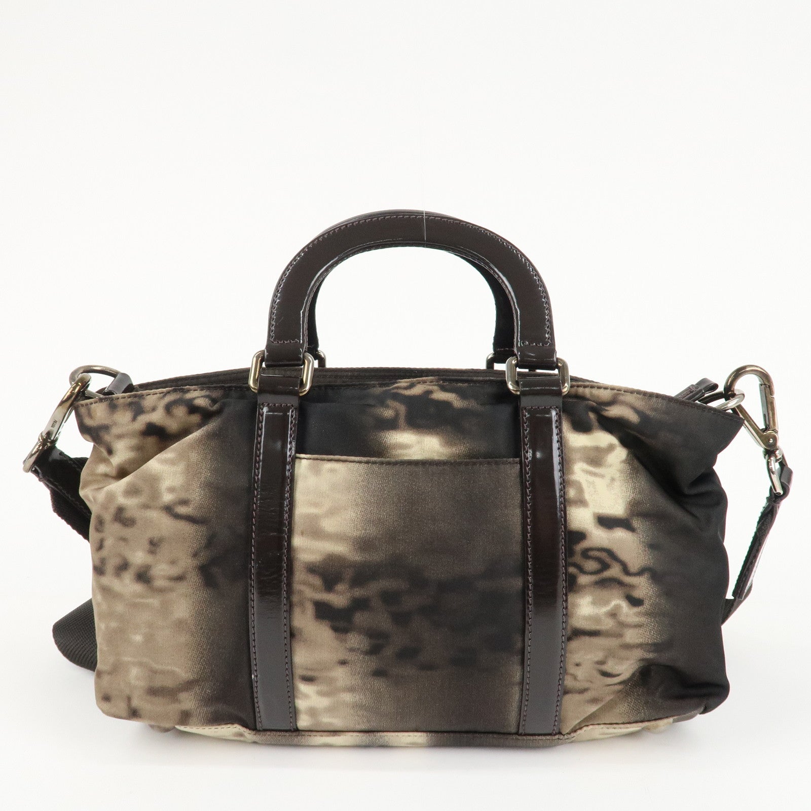 PRADA Nylon Patent Leather 2Way Bag Beige Black Dark Brown Used