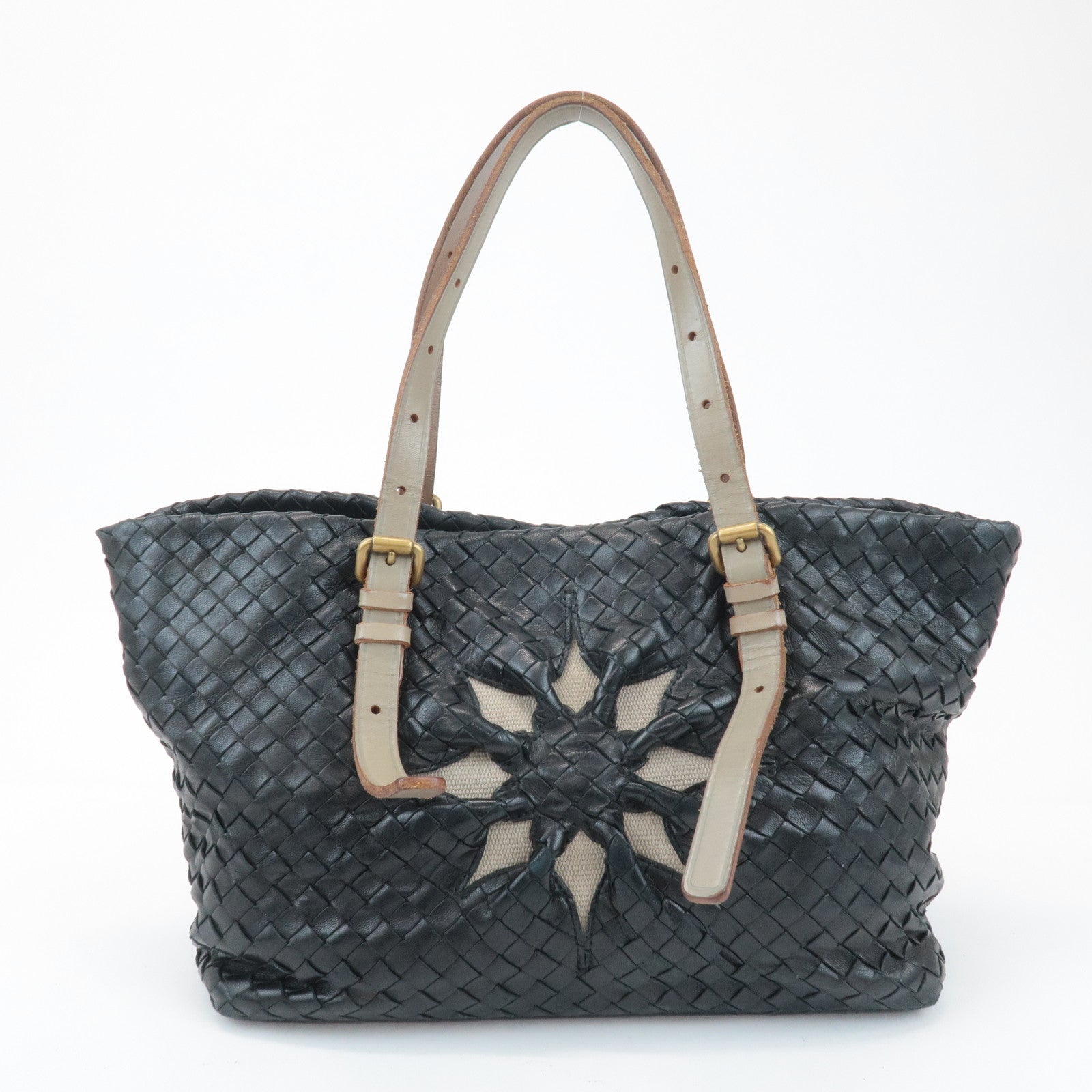 BOTTEGA VENETA Intrecciato Leather Tote Bag Balck Beige 169759 Used