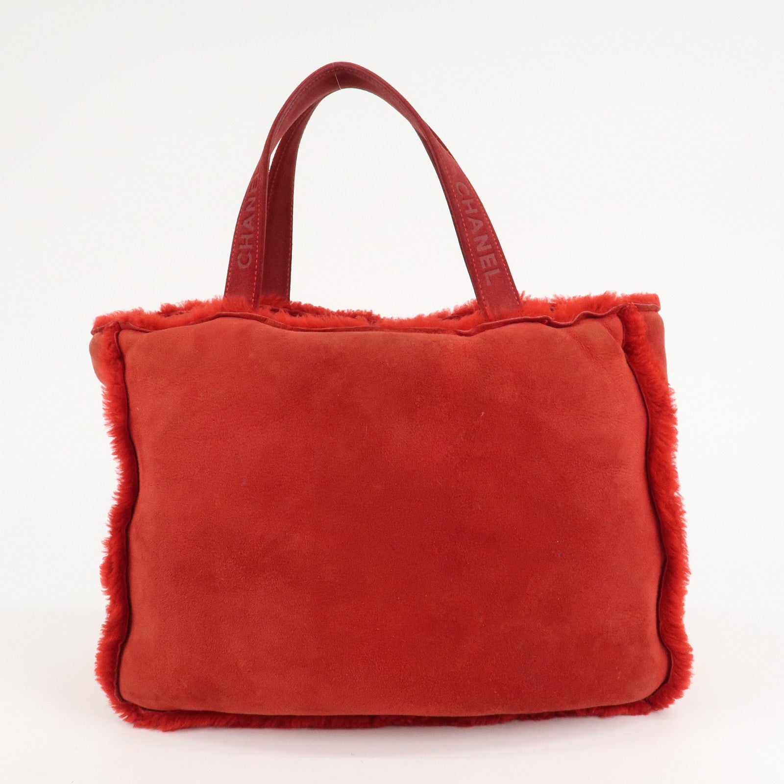 CHANEL Mouton Suede Tote Bag Hand Bag Shoulder Bag Red Used