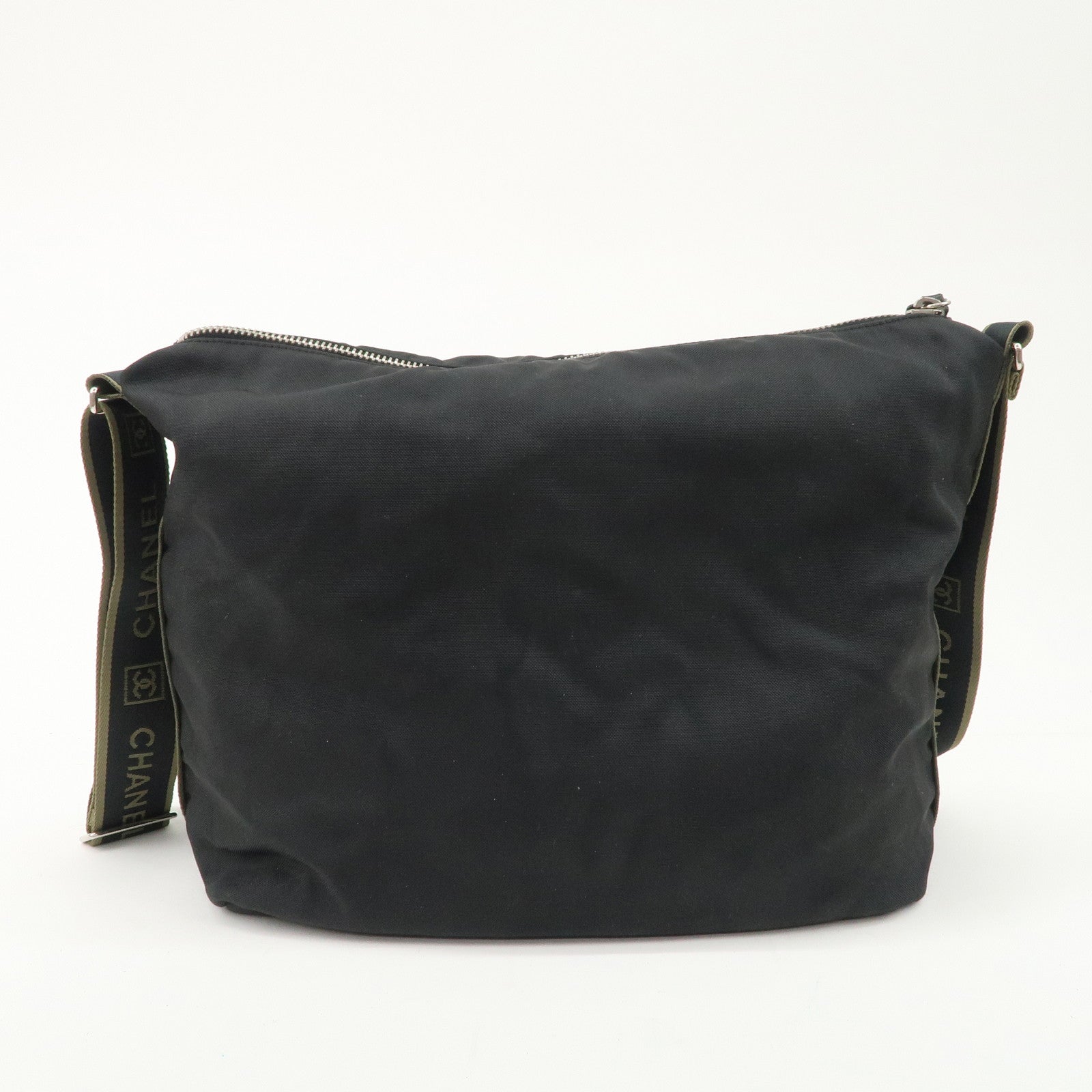 CHANEL Sports Nylon COCO Mark Shoulder Bag Black Khaki Used