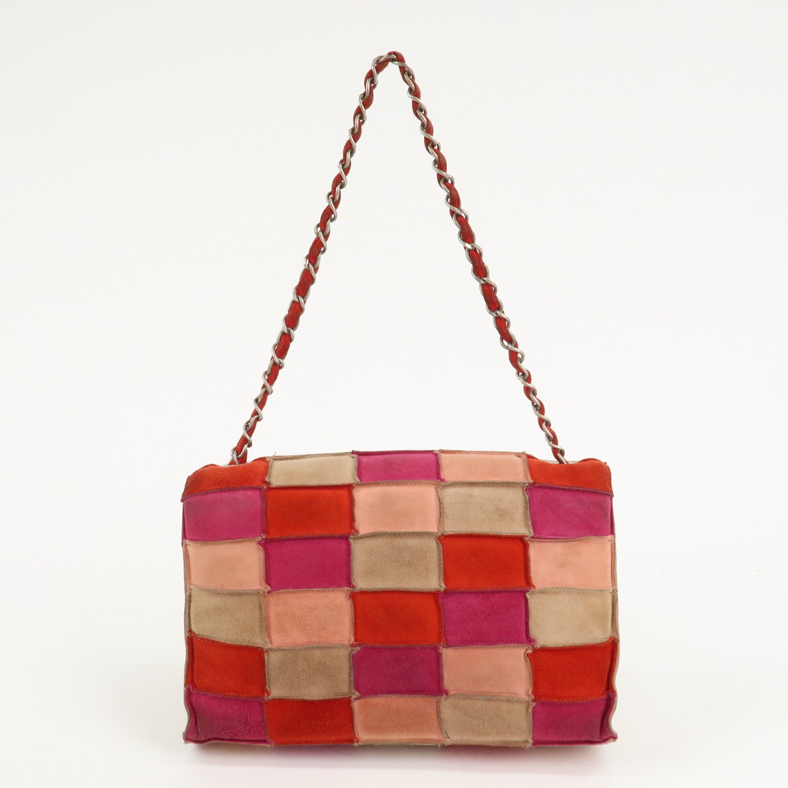 CHANEL Suede Patchwork Shoulder Bag Pink Beige Red Used