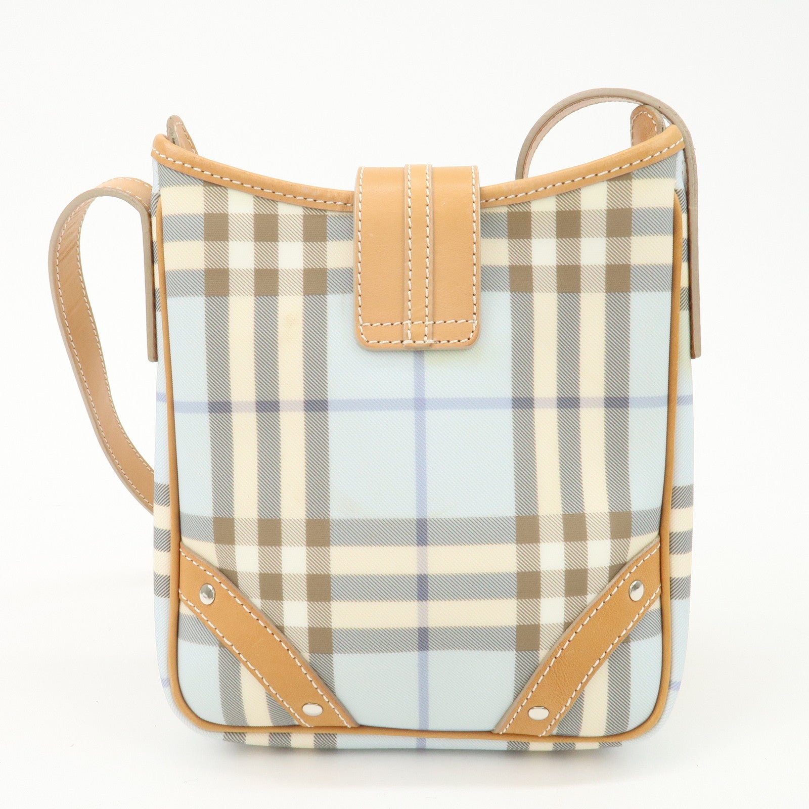 BURBERRY PVC Leather Nova Plaid Shoulder Bag Hand Bag Beige Blue Used