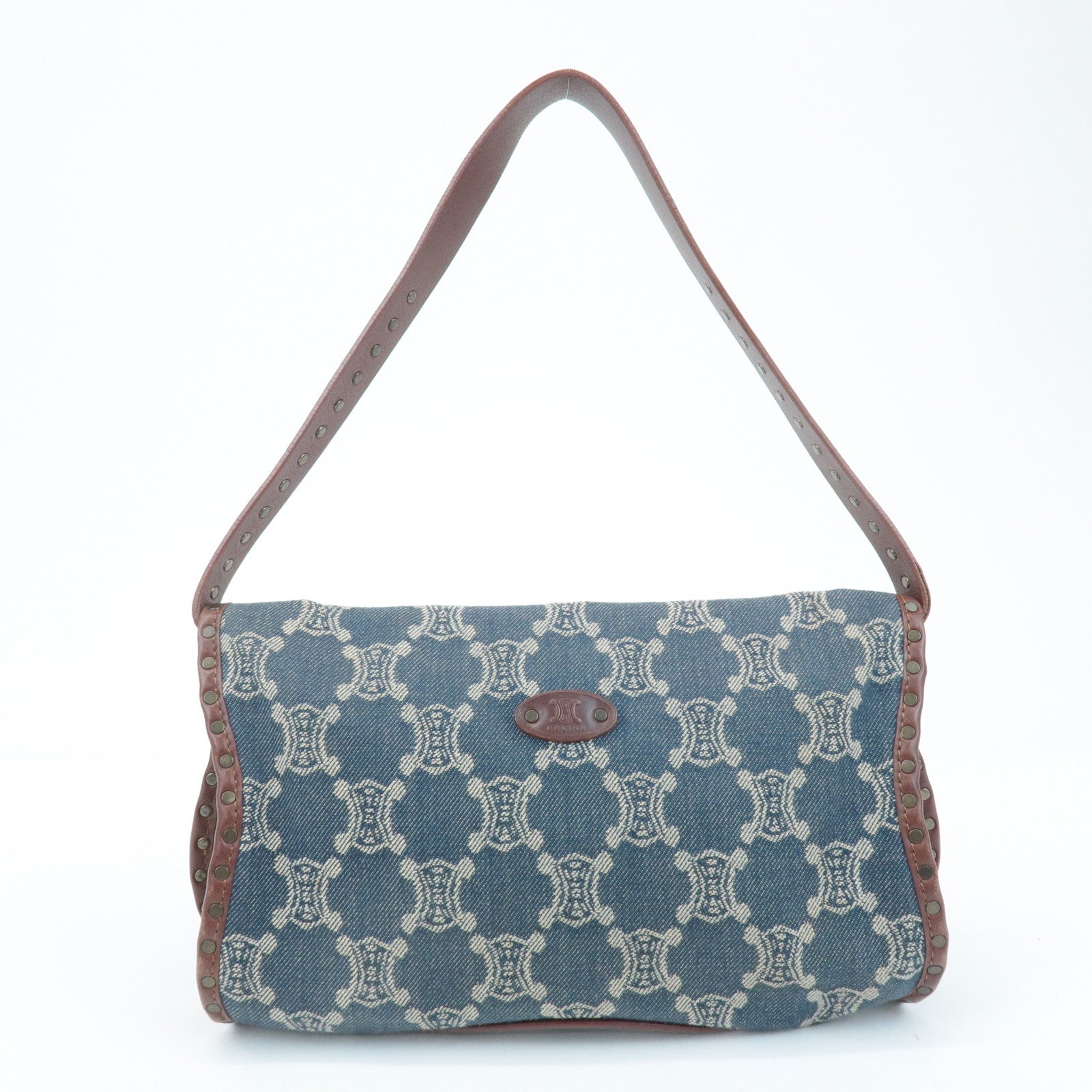 CELINE Macadam Denim Leather Shoulder Bag Blue Brown Used