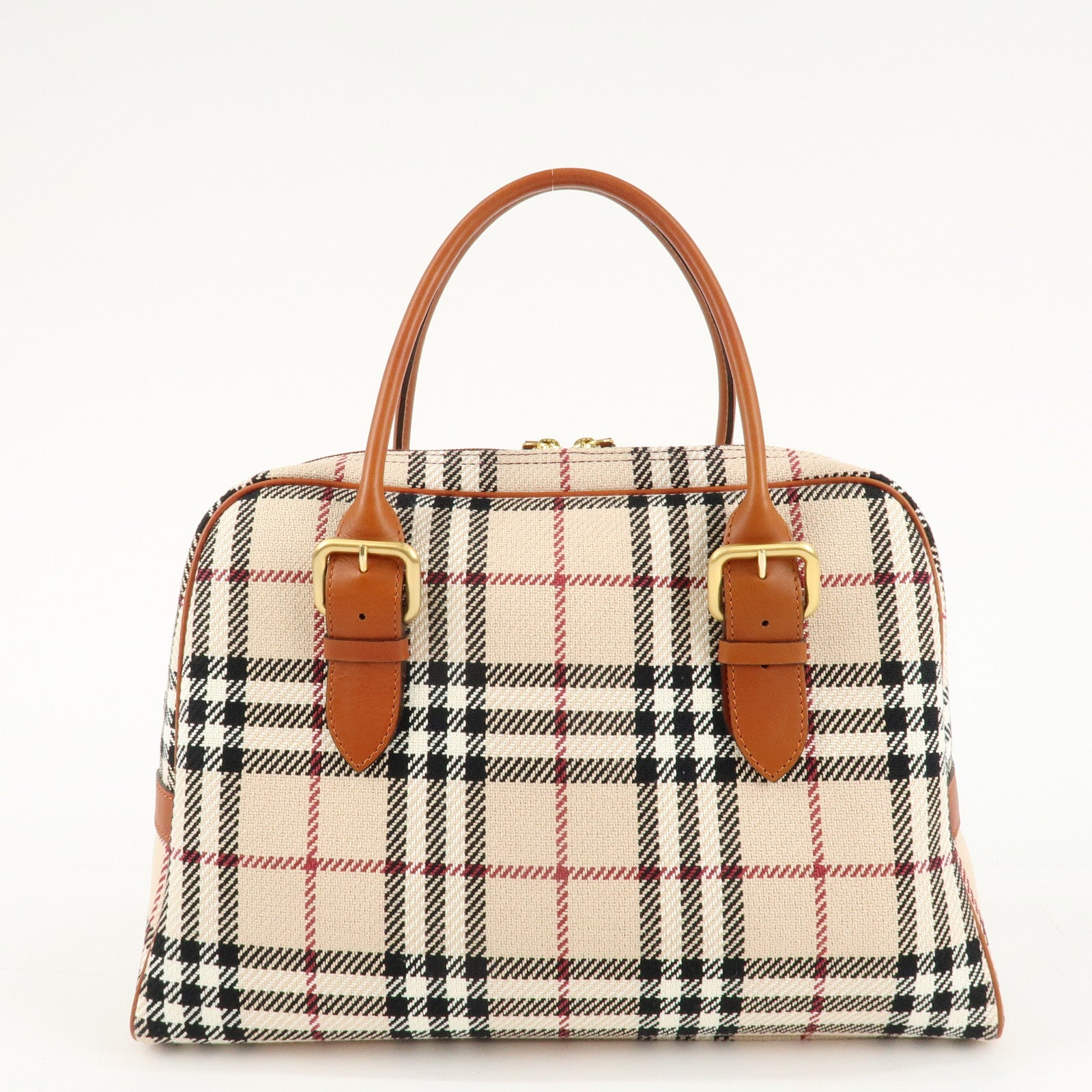 BURBERRY Leather Hand Bag Boston Bag Nova Plaid Brown Used