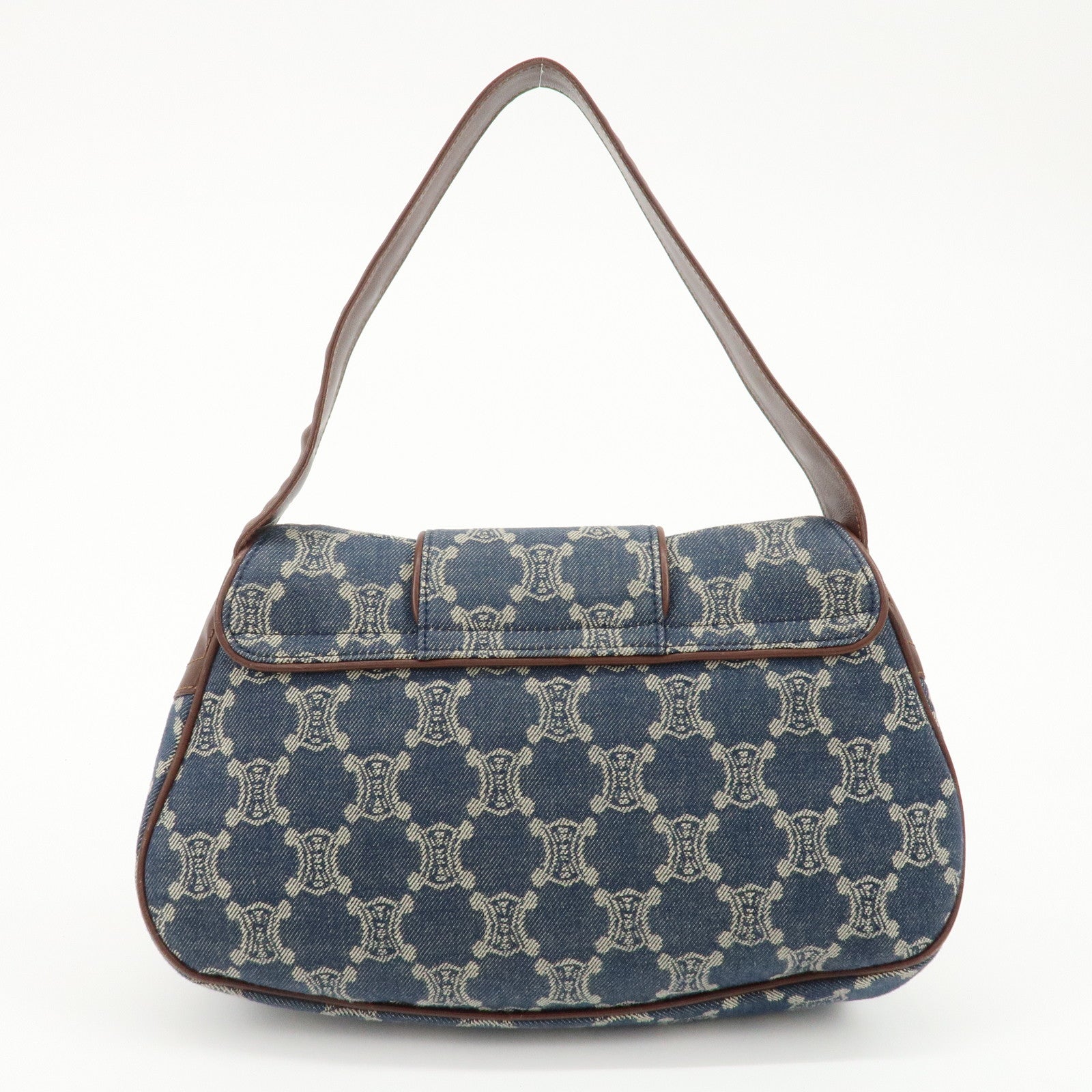 CELINE Macadam Denim Leather Shoulder Bag Blue Brown Used