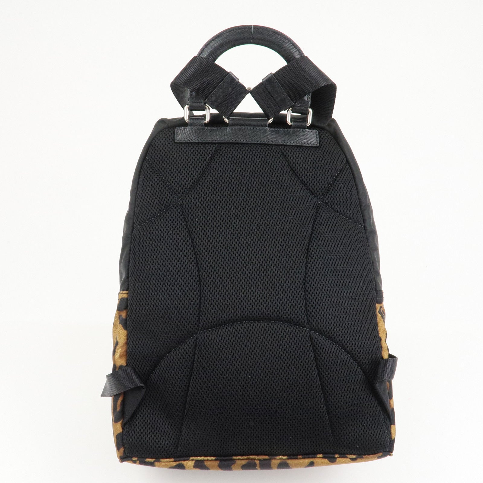 PRADA Leopard Nylon Leather Rucksack Black Brown 1BZ001 Used