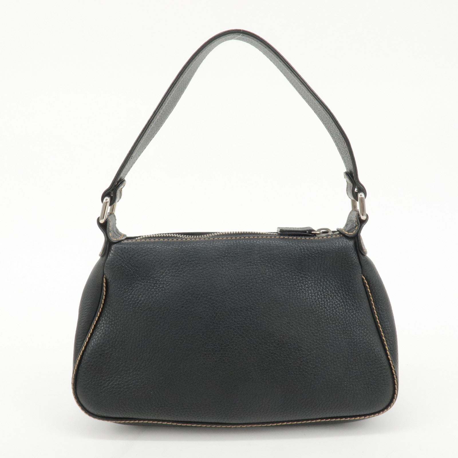 CHANEL Leather Shoulder Bag Black Silver Used