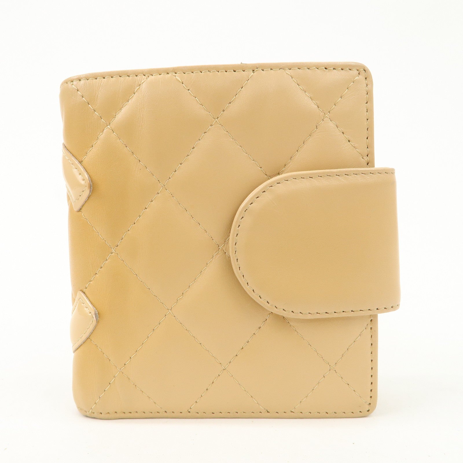 CHANEL Cambon Line Patent Leather Bi-fold Wallet Beige A26720 Used