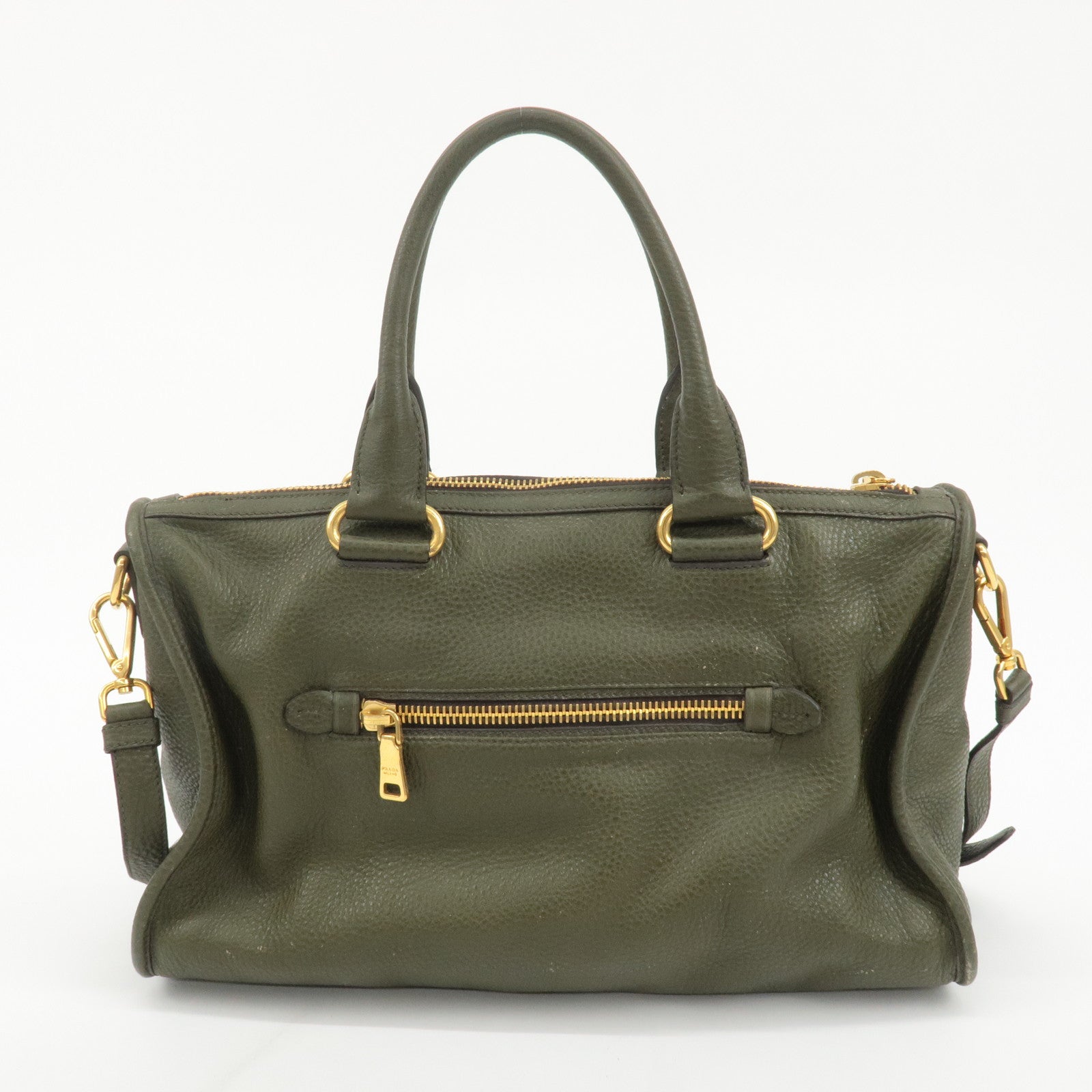 PRADA Leather 2Way Bag Hand Bag Shoulder Bag Khaki BL0805 Used