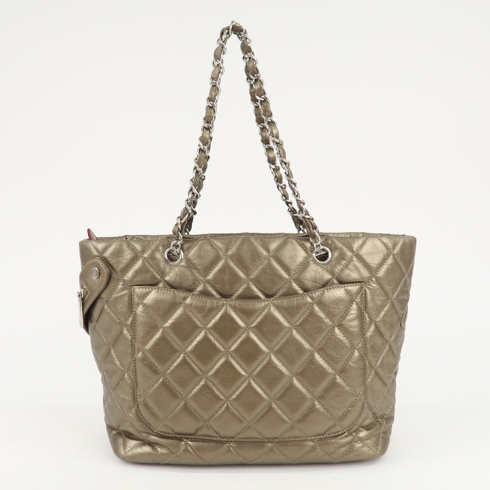 CHANEL Cambon Line Lamb Skin Cotton Club Hand Bag Bronze A34318 Used