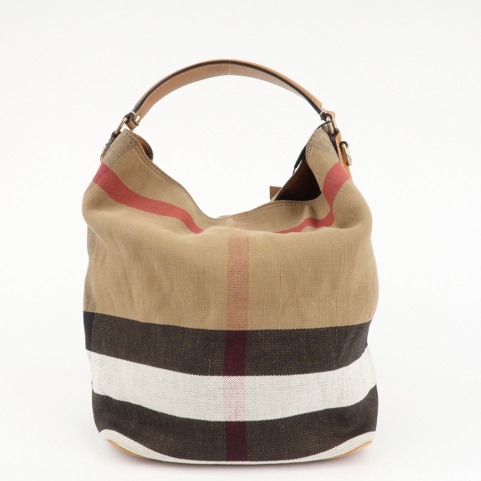 BURBERRY Canvas Leather Ashby Medium Plaid Bucket Bag Beige Brown Used