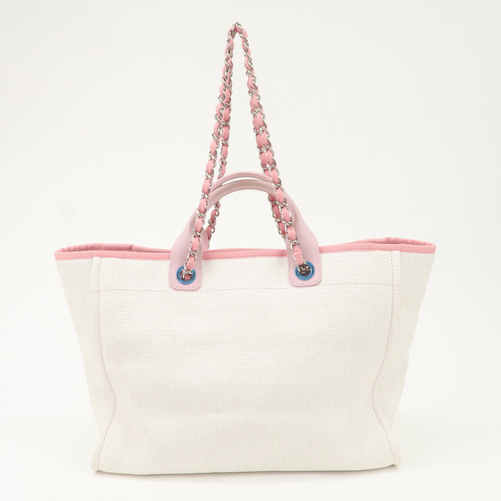 CHANEL Deauville Raffia Leather Chain Tote Bag GM Pink A66941 Used