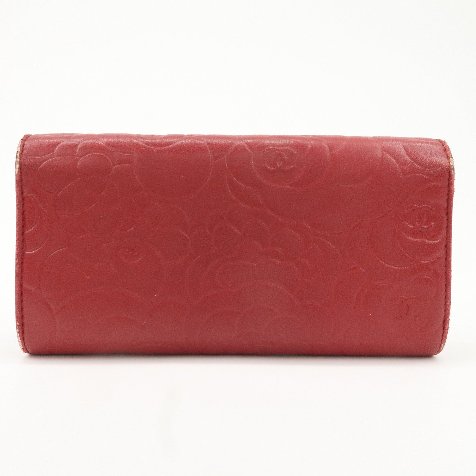 CHANEL Camelia Lamb Skin Bi-fold Long Wallet Red Used