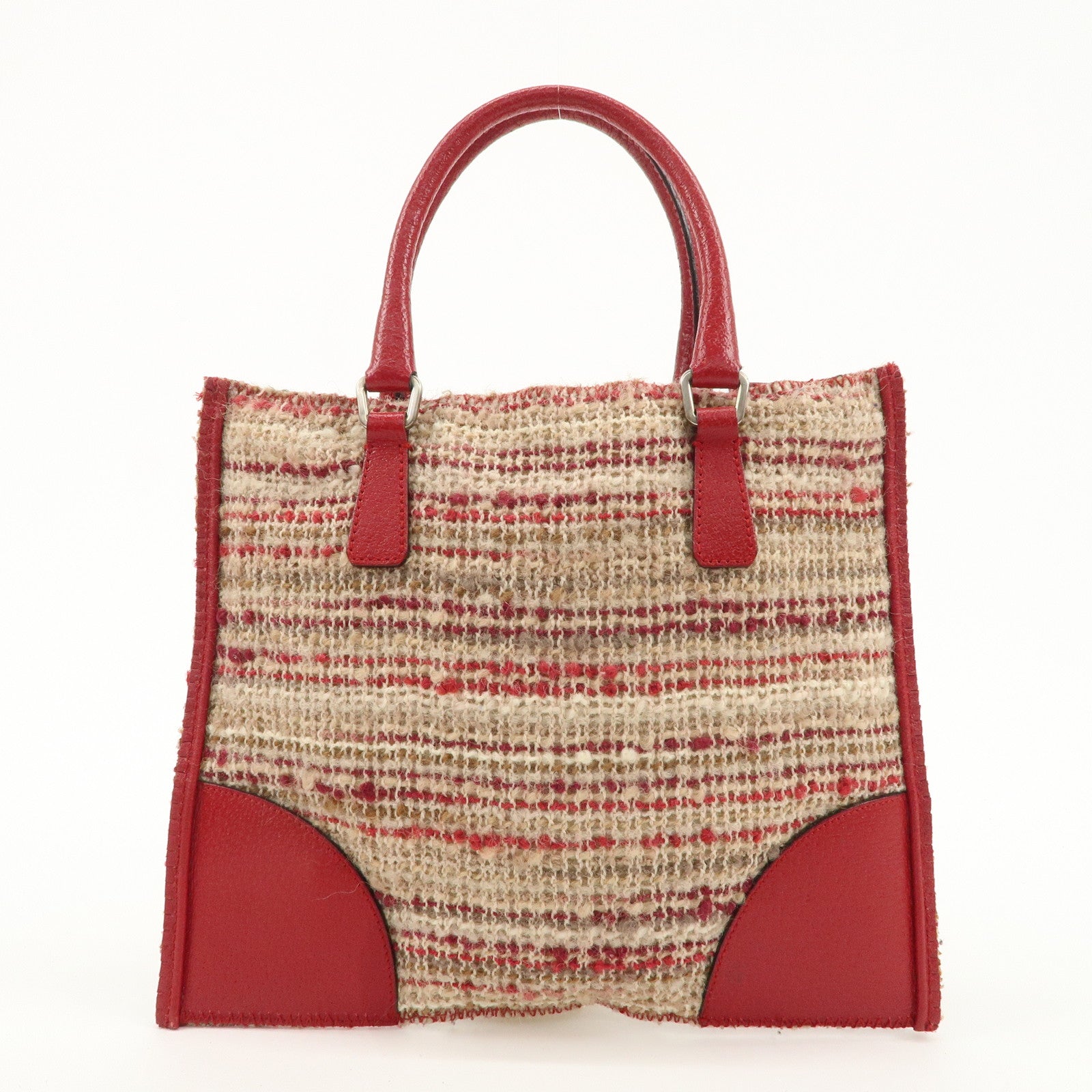 PRADA Logo Tweed Leather Hand Bag Beige Red Used