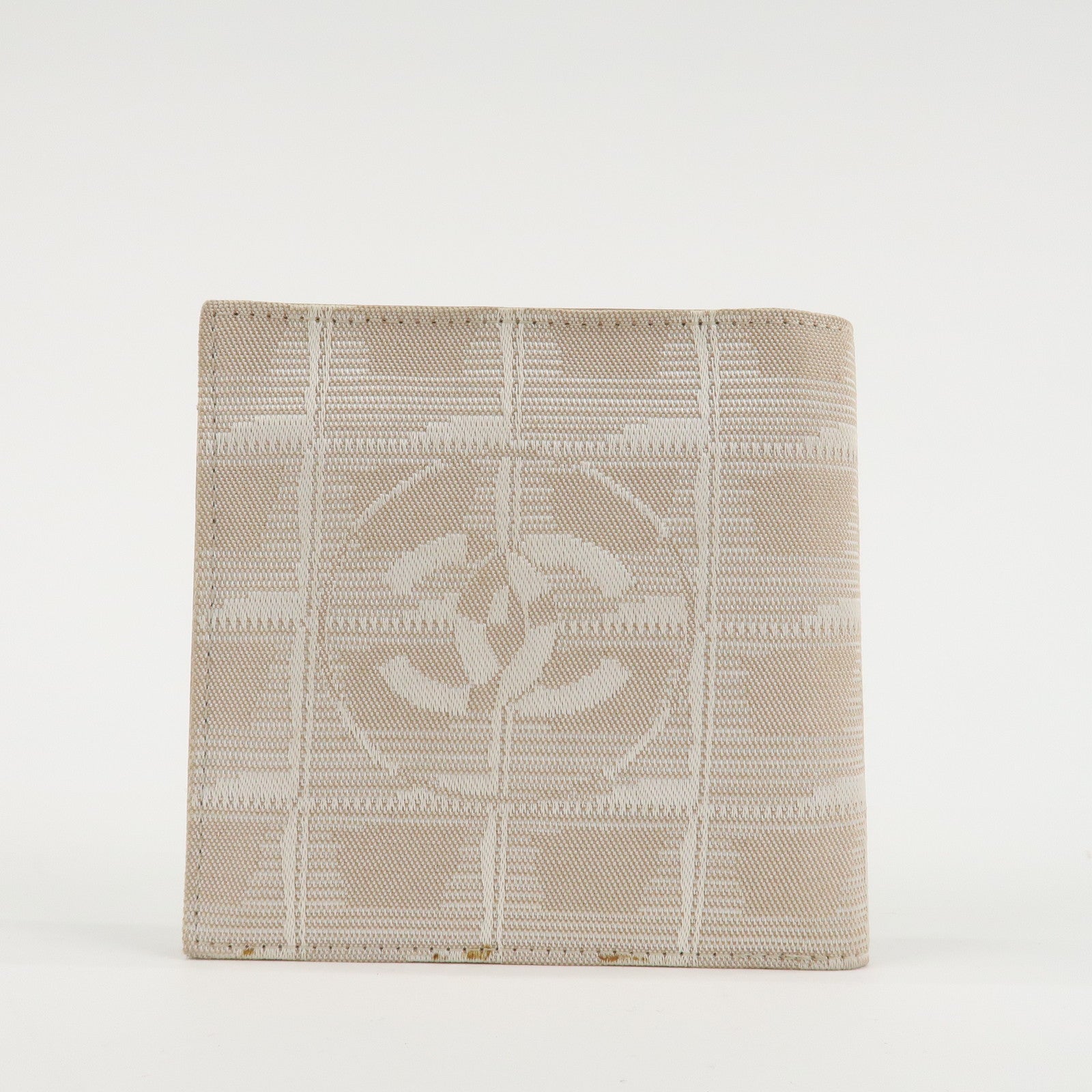 CHANEL New Travel Line Nylon Jacquard Bi-hold Compact Wallet Beige Used