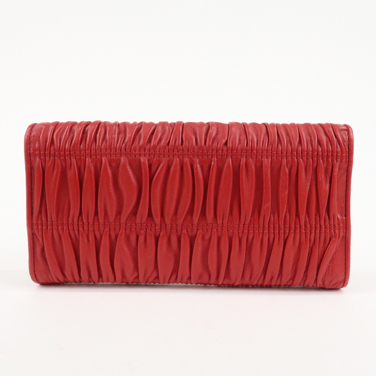 PRADA Logo Leather Bi-Fold Long Wallet Red Gold Hardware Used