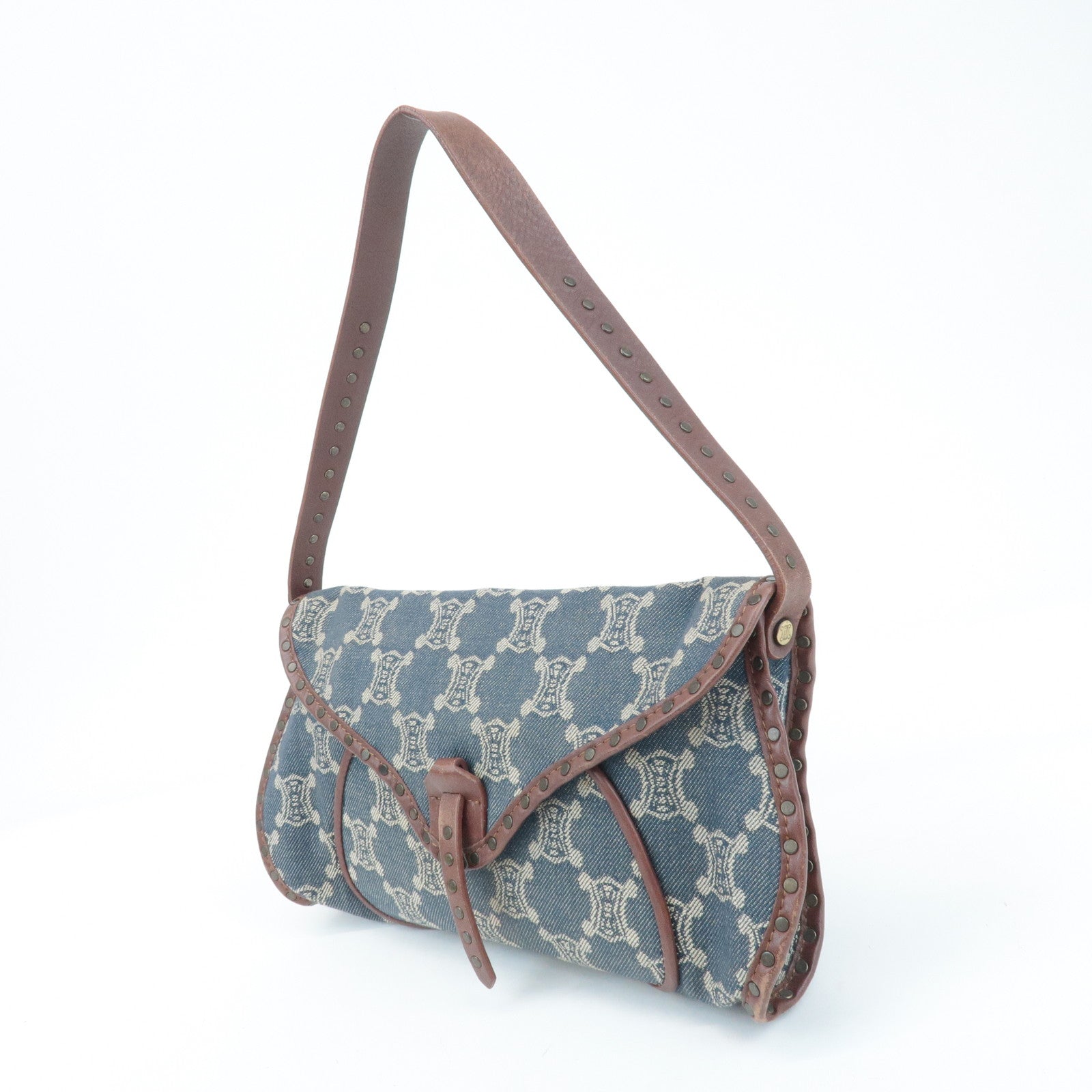 CELINE Macadam Denim Leather Shoulder Bag Blue Brown Used