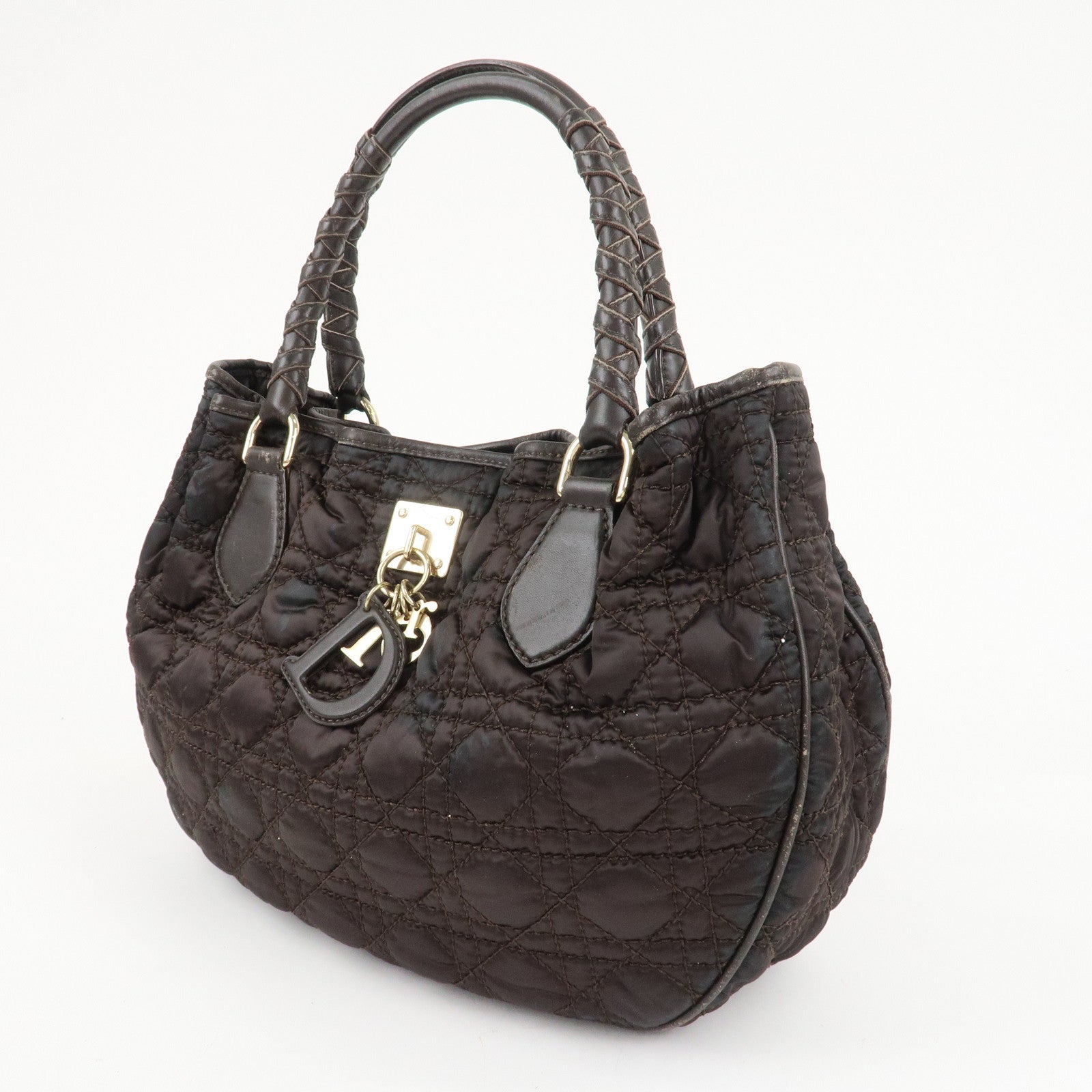 Christian Dior Cannage Nylon Leather Tote Bag Dark Brown Used