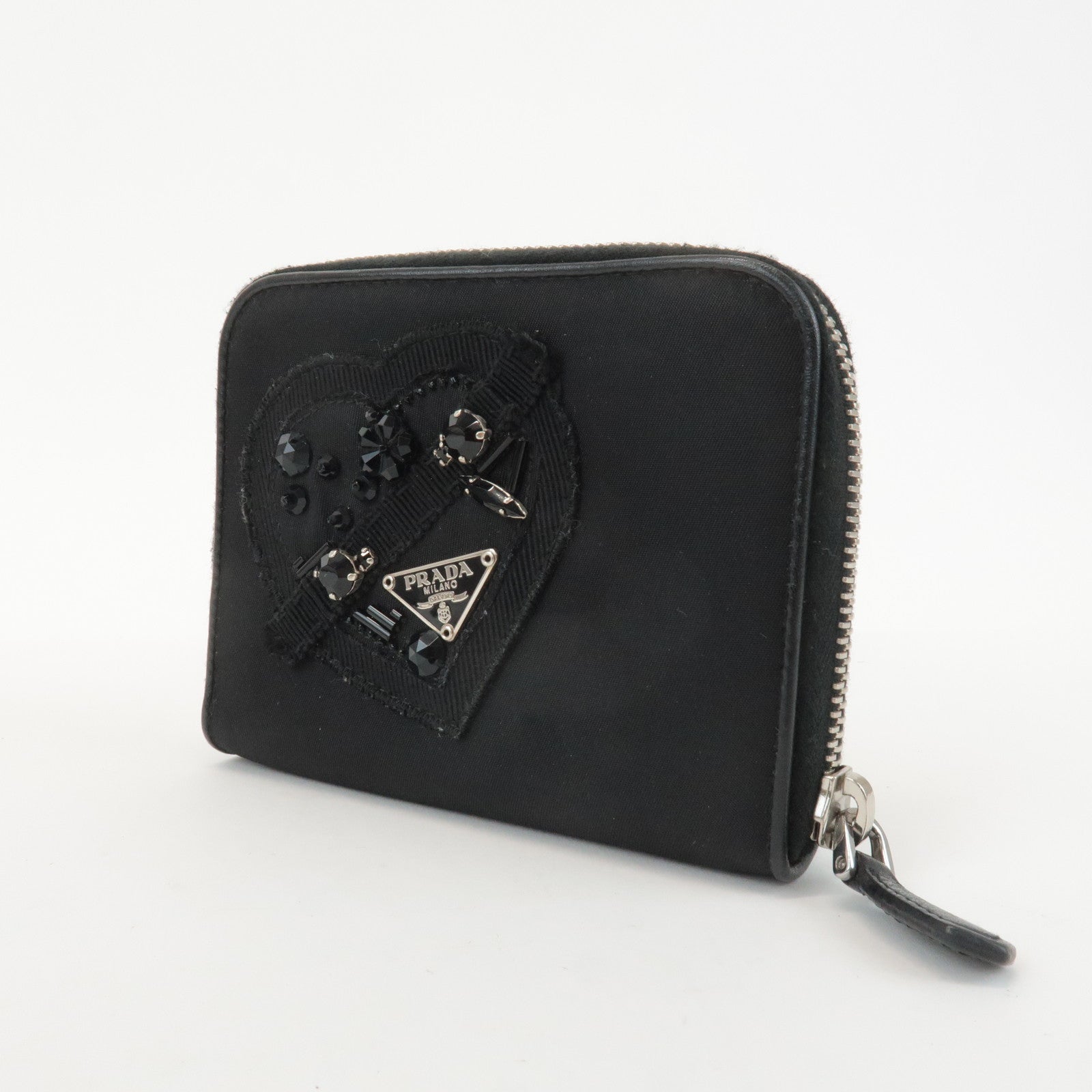 PRADA Logo Leather Round Zip Wallet Bijou Black Used