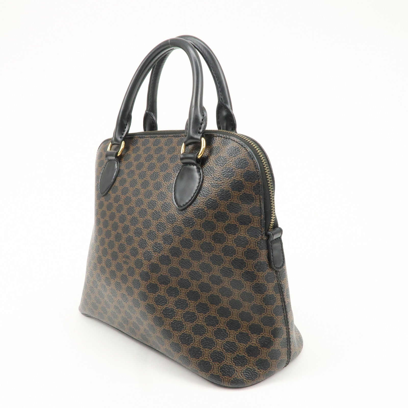 CELINE Macadam PVC Leather Hand Bag Black Brown Gold HDW Used