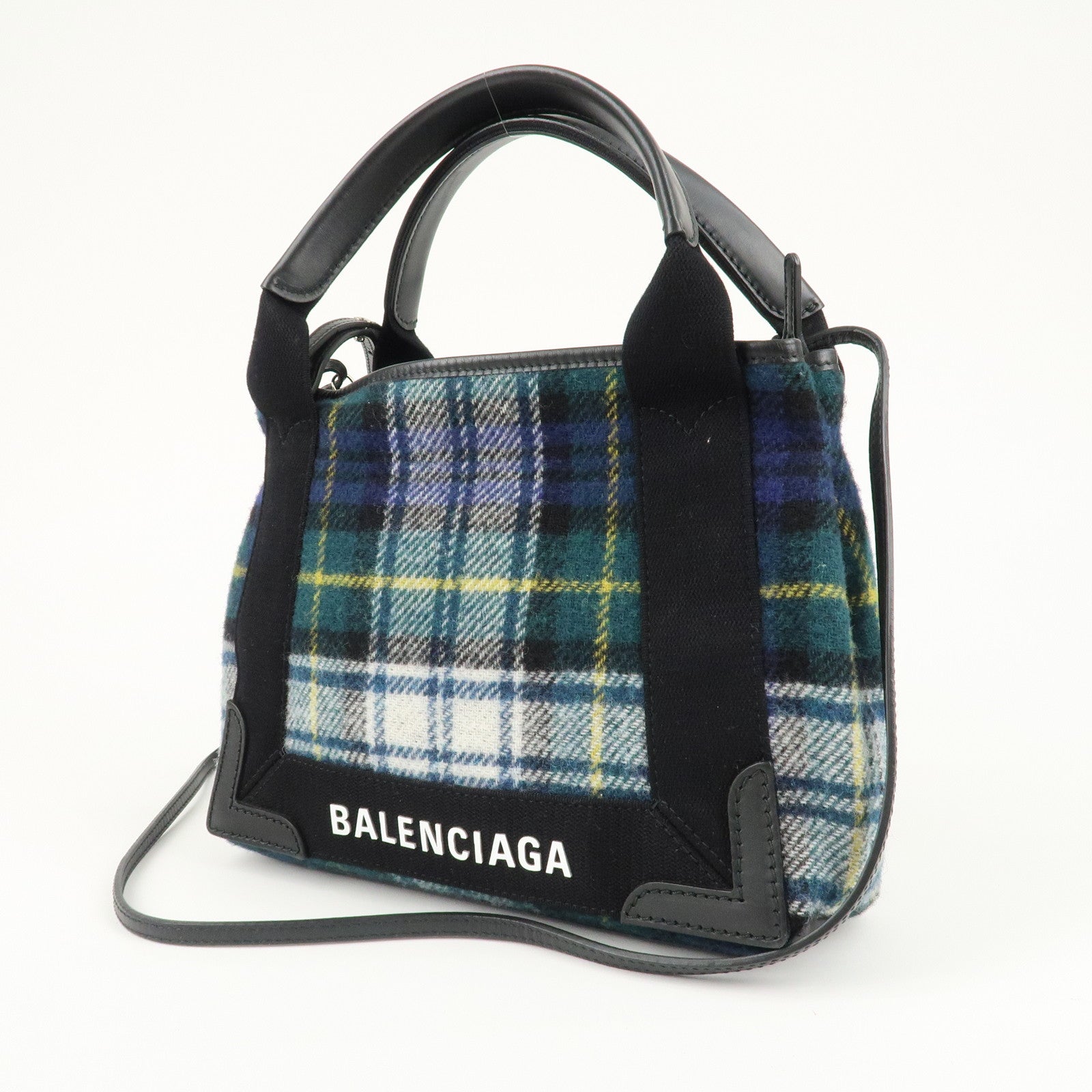BALENCIAGA Wool Leather Navy Cabas XS Hand Bag Tote Bag 390346 Used
