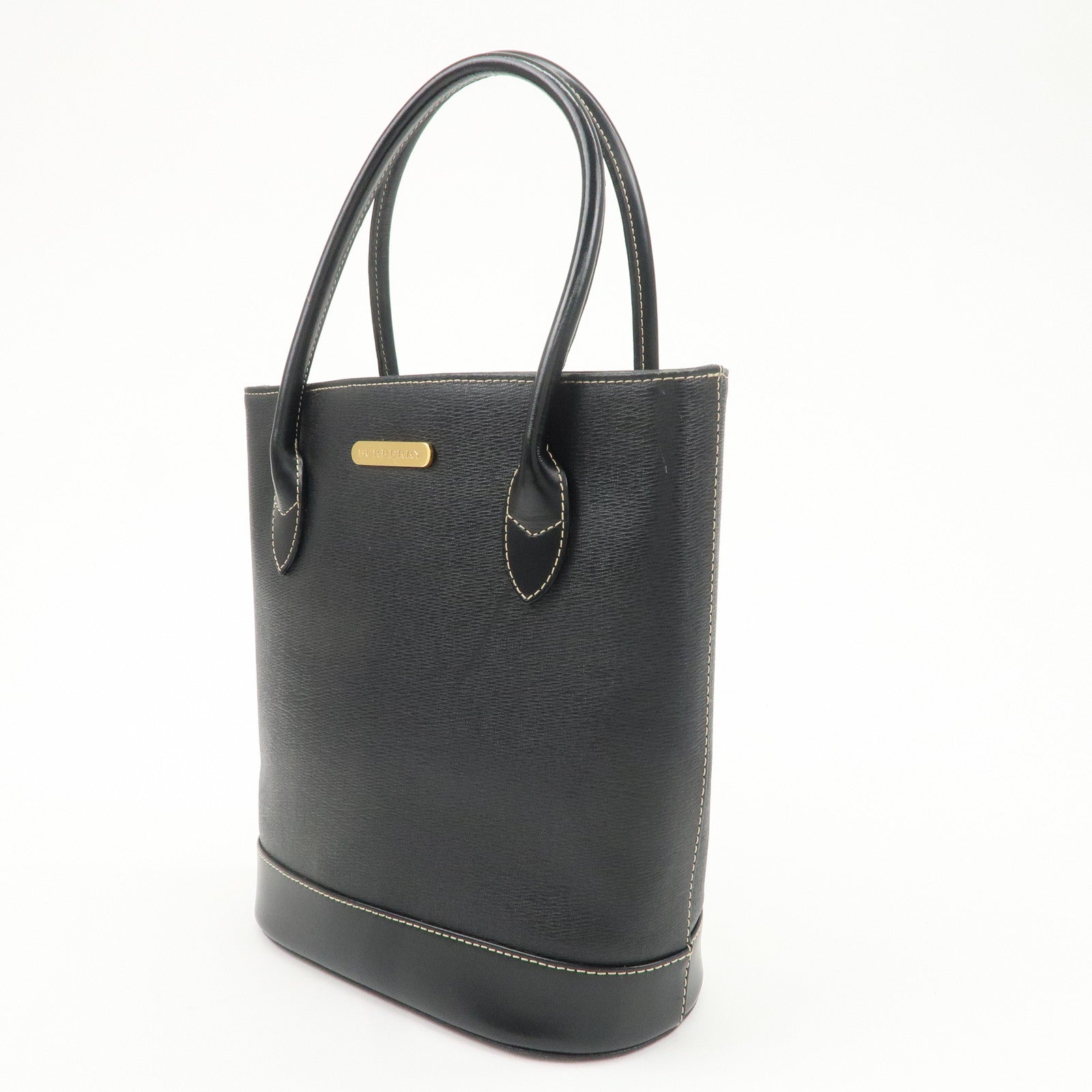 BURBERRY Logo Leather Tote Bag Hand Bag Black Used