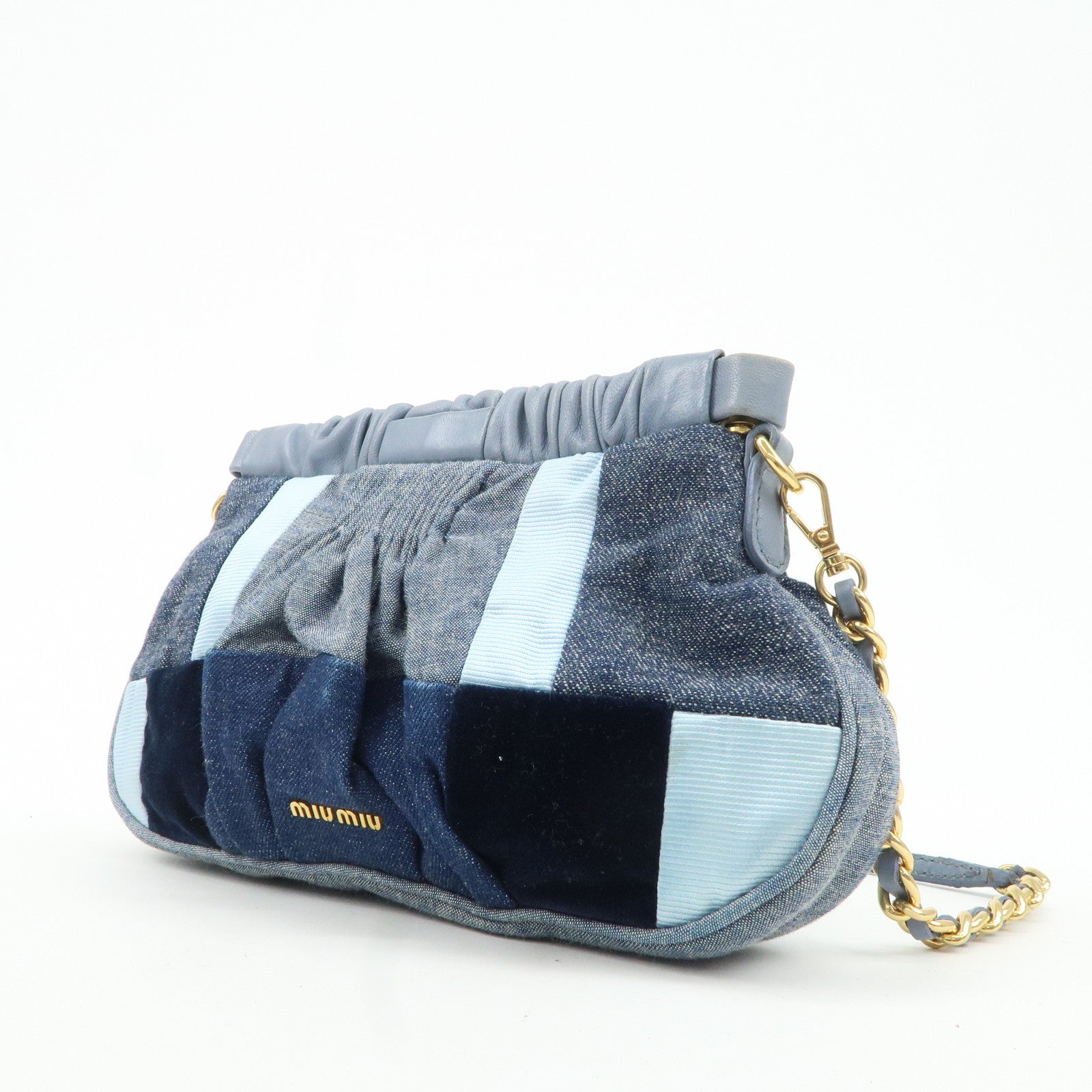 MIU MIU Denim Velour Leather Patches Shoulder Bag Blue Navy Used