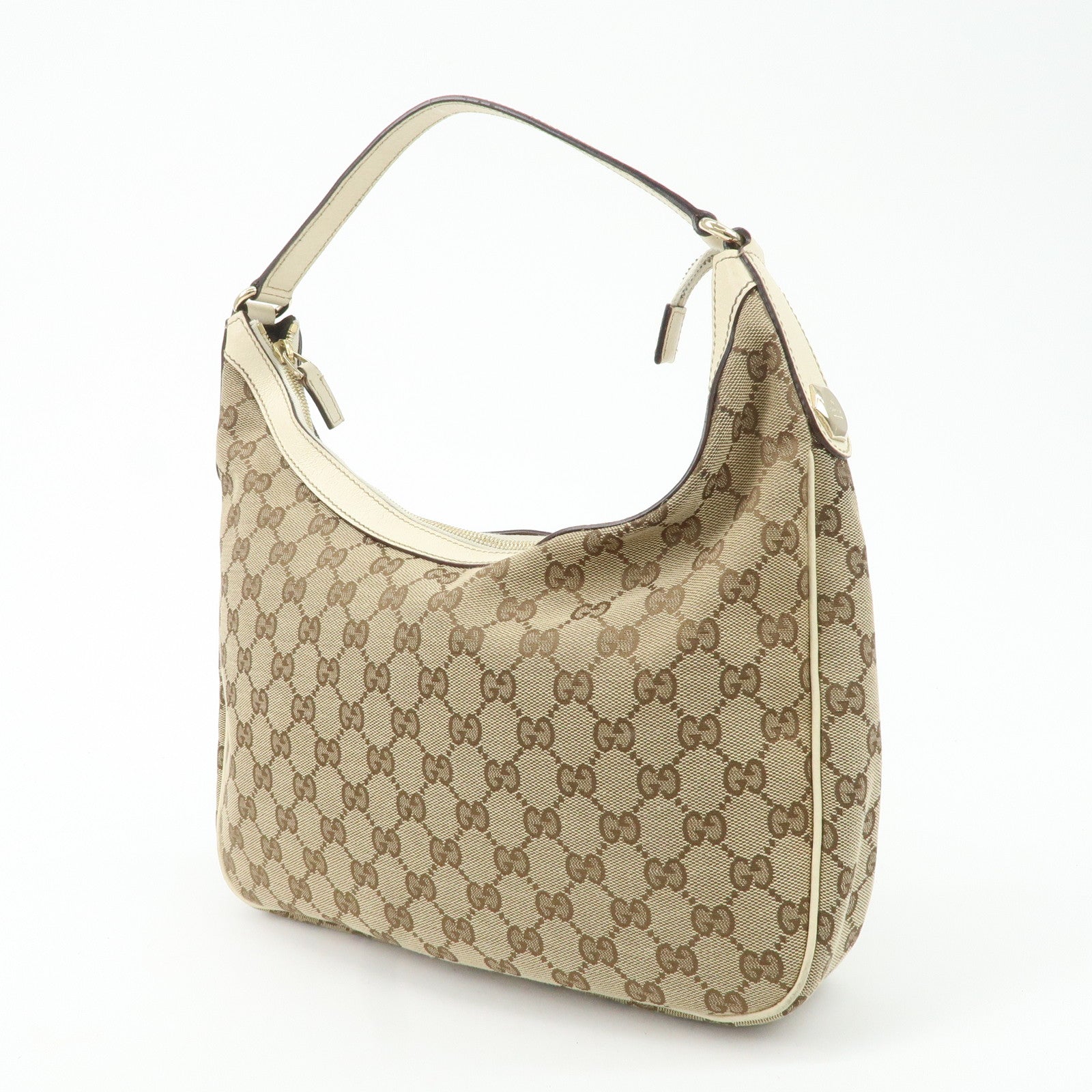 GUCCI GG Canvas Leather Shoulder Bag Beige Ivory 153010 Used
