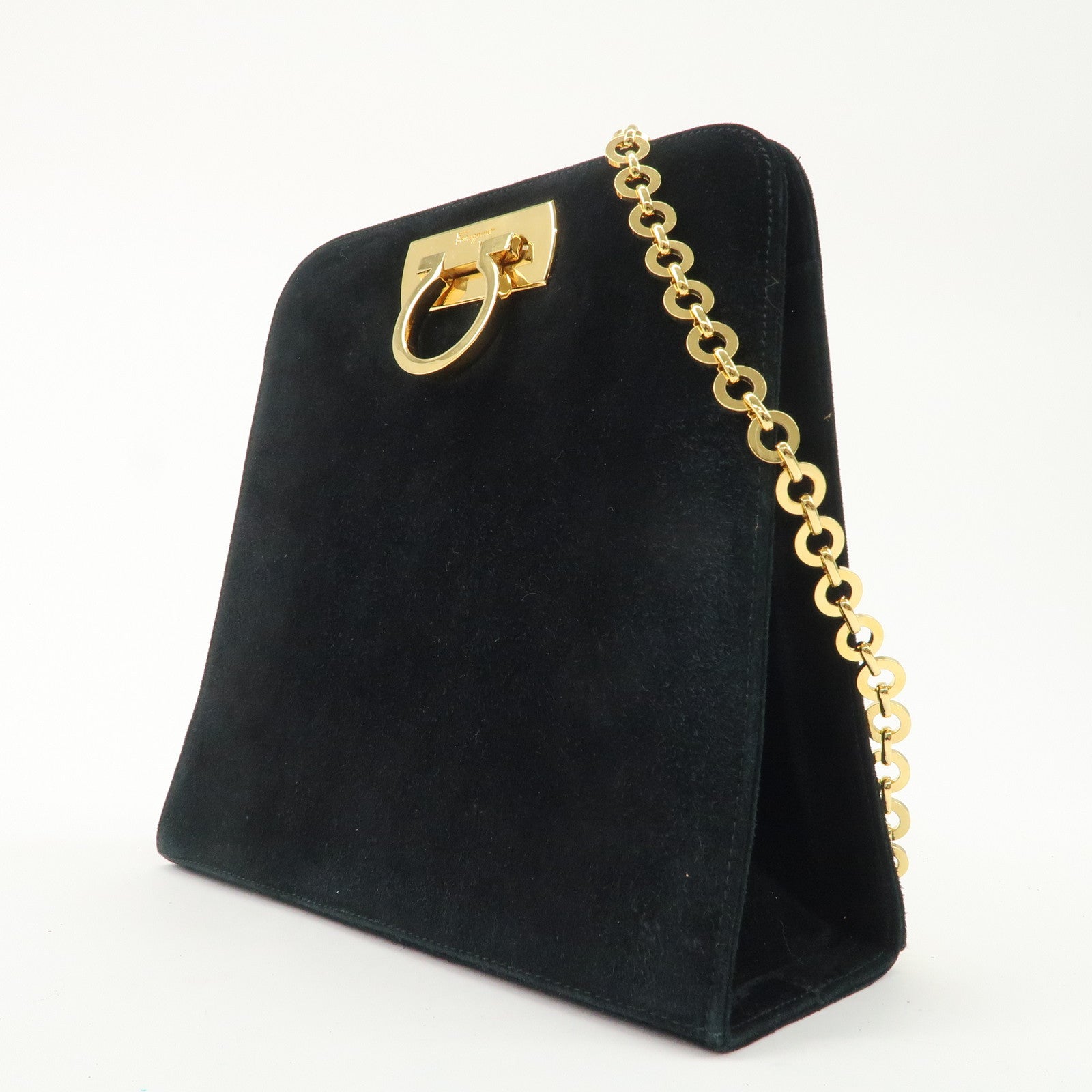 Salvatore Ferragamo Gancini Suede Chain Shoulder Black Bag Used