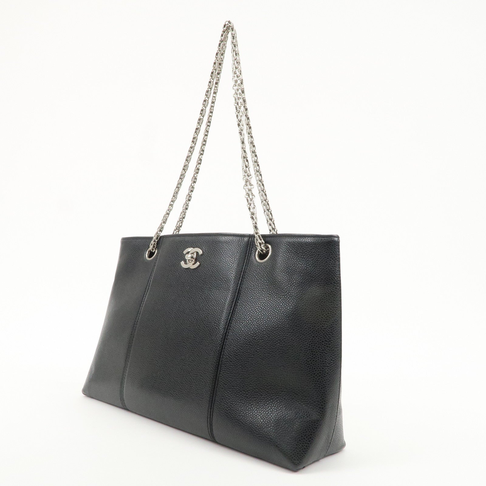 CHANEL Caviar Skin Chain Tote Bag Shoulder Black Silver HDW Used