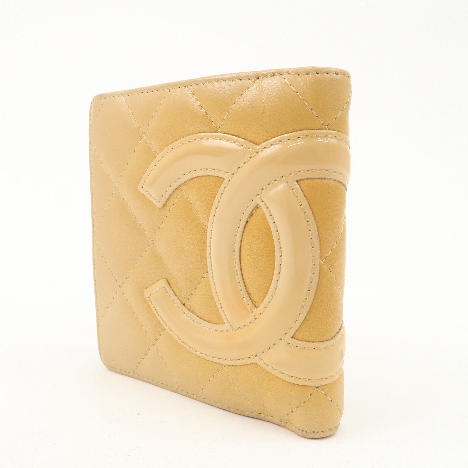 CHANEL Cambon Line Patent Leather Bi-fold Wallet Beige A26720 Used