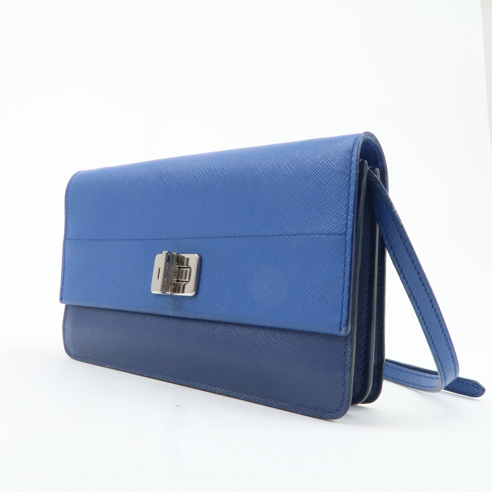 PRADA Leather Shoulder Bag Blue Navy Used