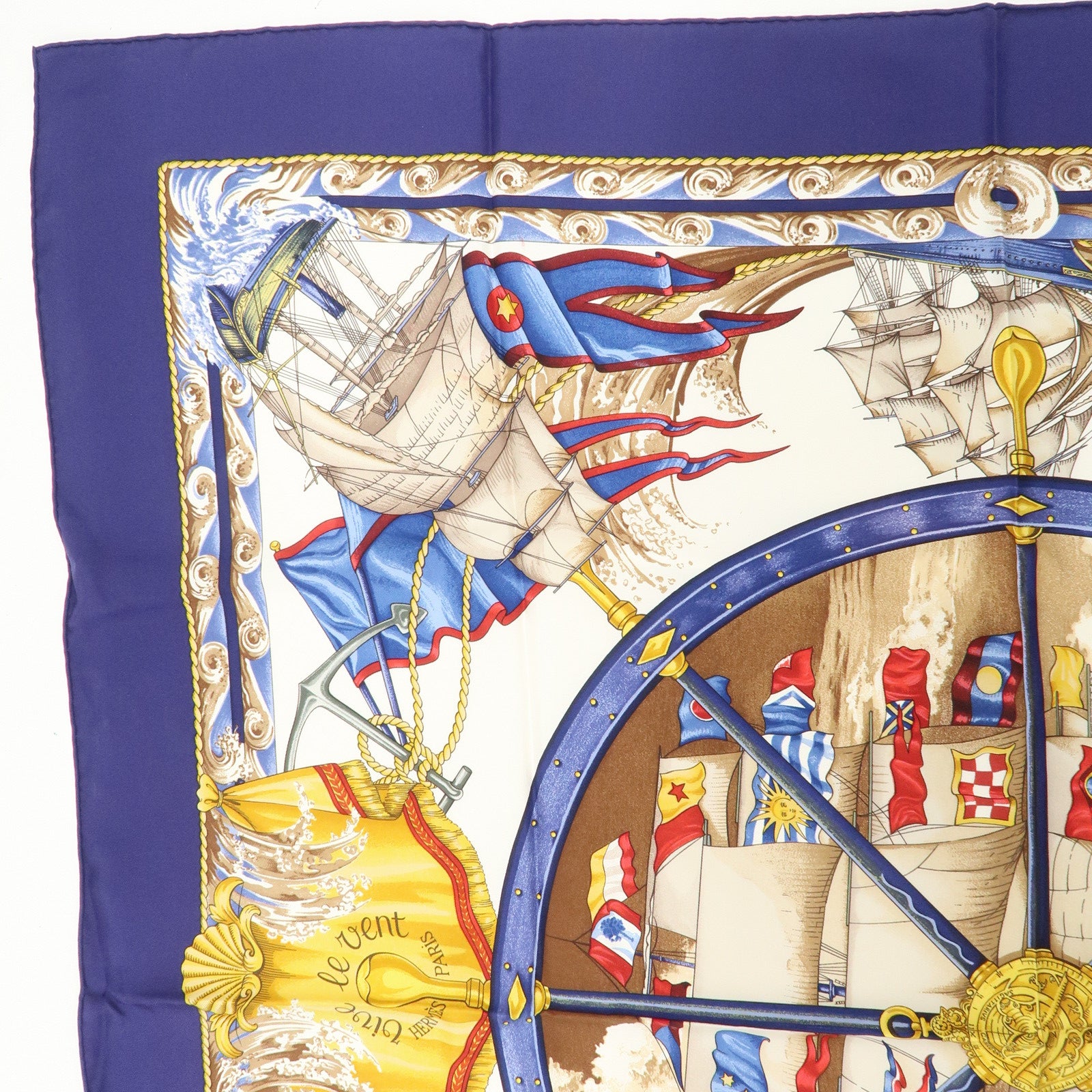 HERMES Carre 90 Silk 100% Scarf Vive levent Navy White Gold Used