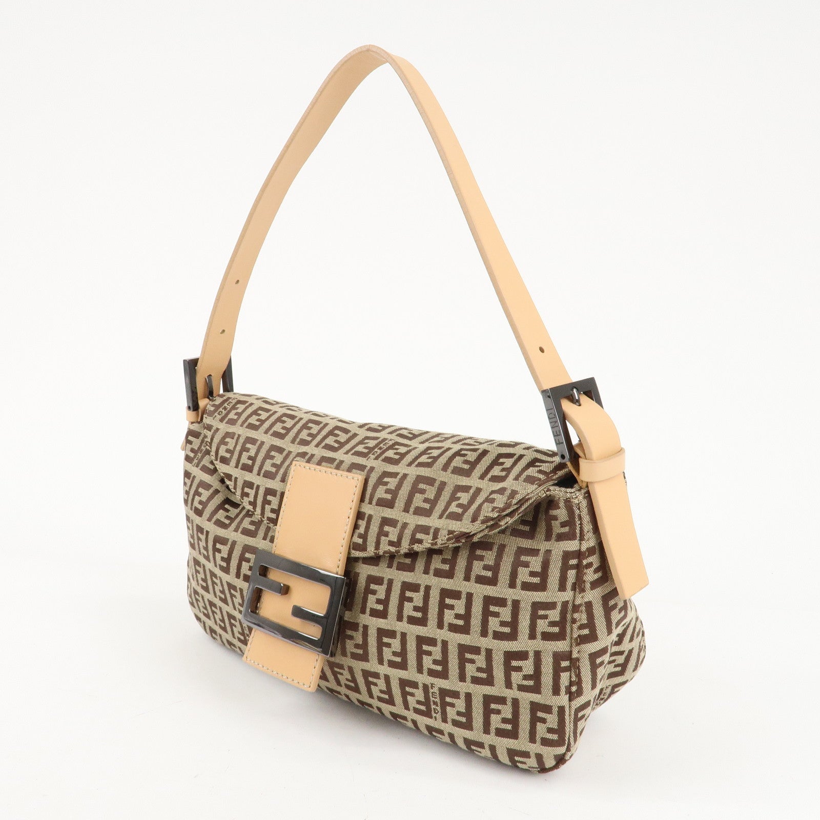 FENDI Zucchino Canvas Leather Shoulder Bag Beige 8BR003 Used