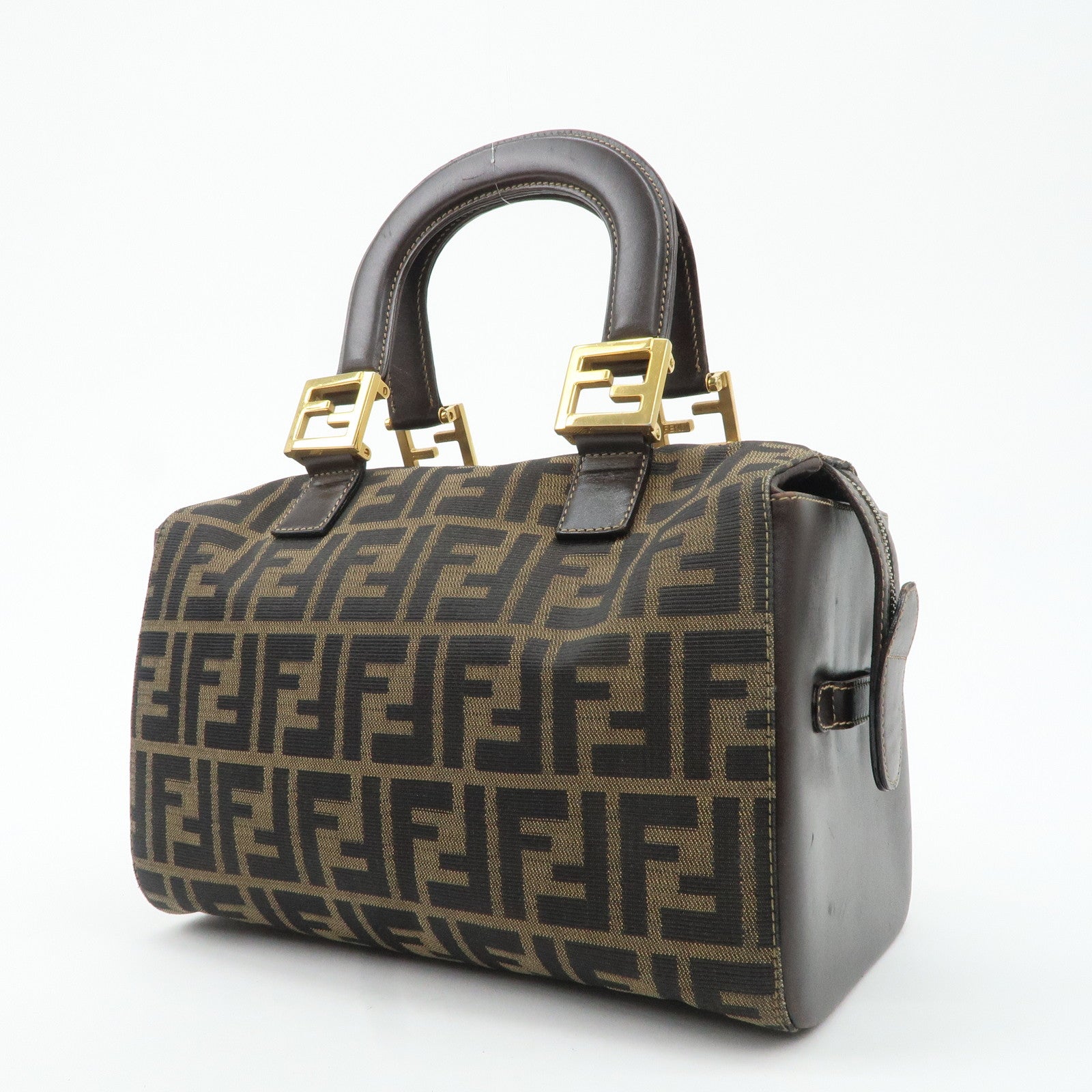 FENDI Zucca Canvas Leather Hand Bag Brown Black Used