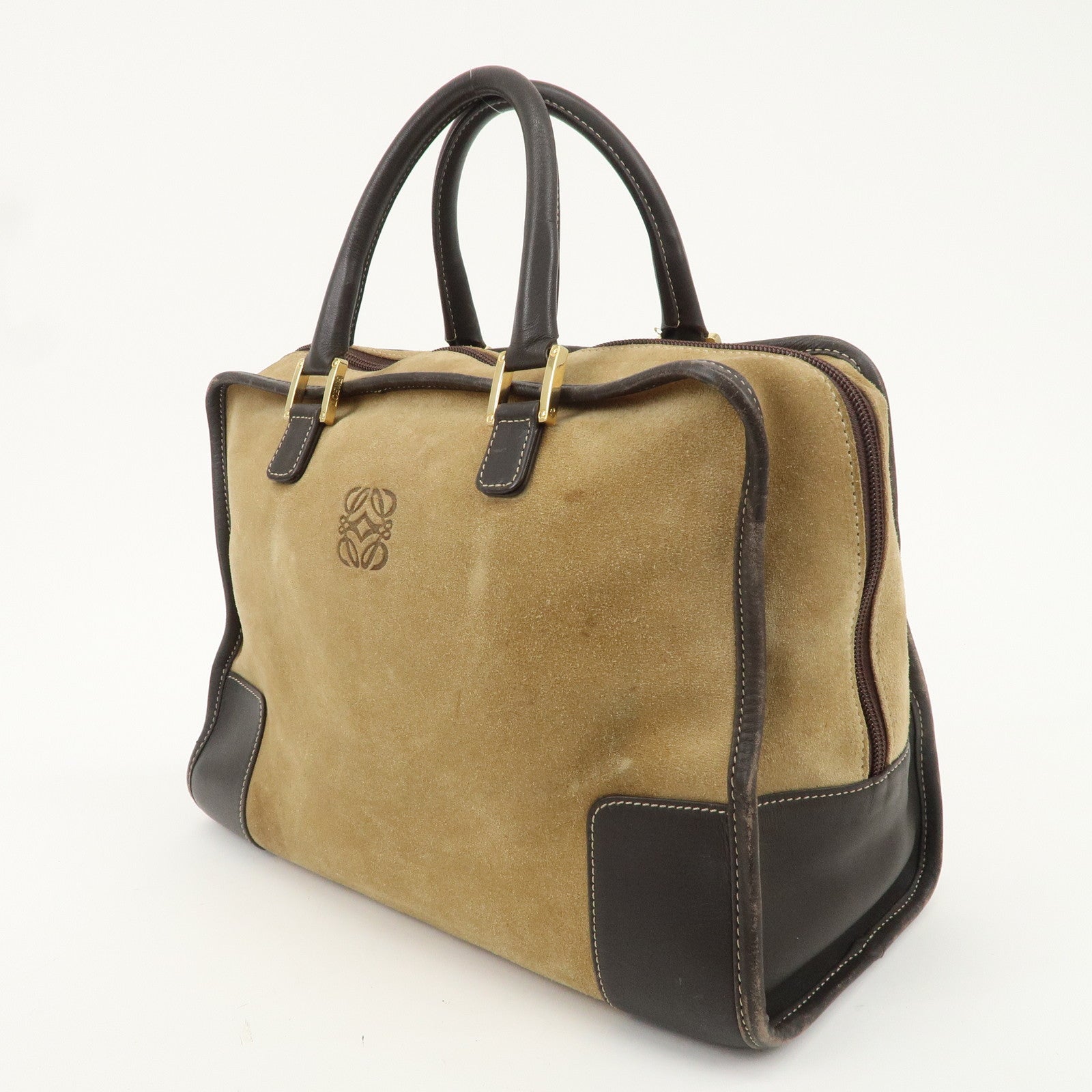 LOEWE Anagram Suede Leather Amazona 32 Hand Bag Beige Brown Used