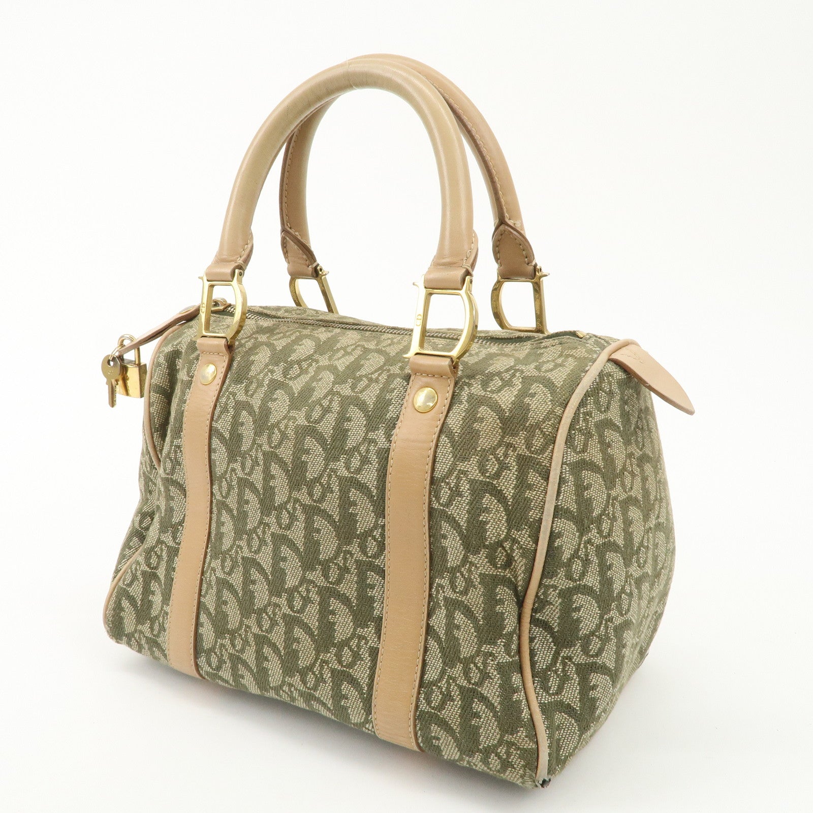 Christian Dior Trotter Canvas Leather Boston Bag White Khaki Used