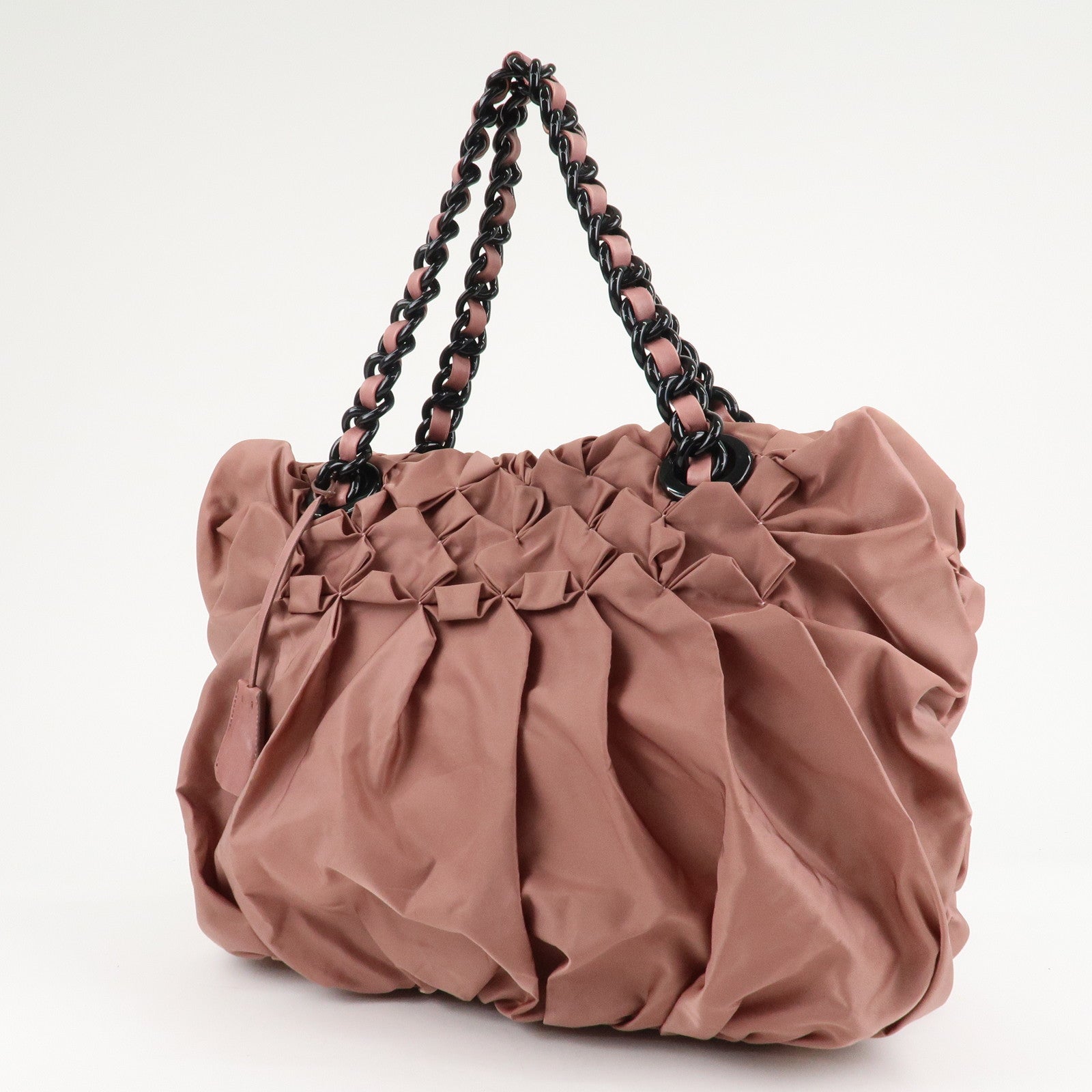 Prada Nylon Leather Gathered Chain Shoulder Tote Bag Pink Black Used