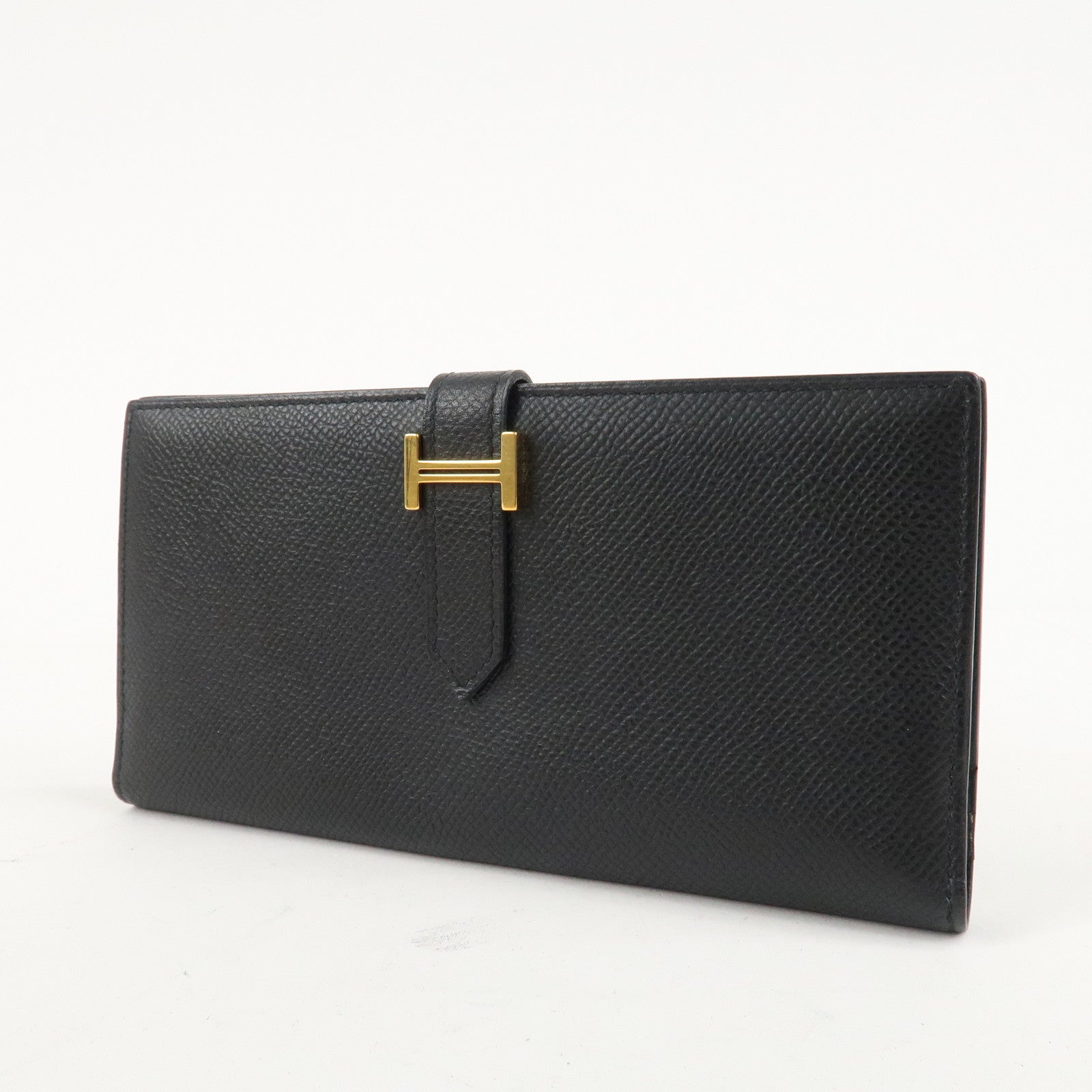 HERMES Leather Bearn Long Wallet M Stamped (around 2009) Black Used