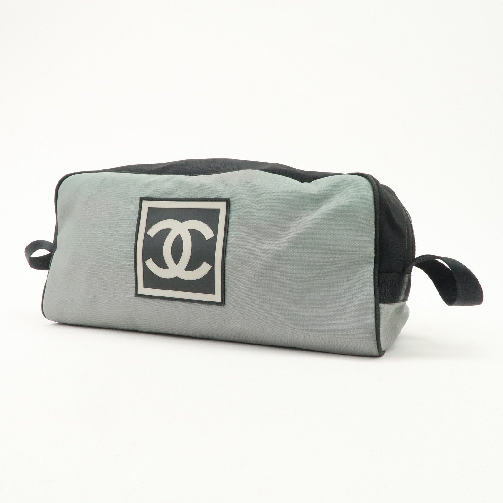 CHANEL Sportsline Nylon Canvas Shoes Bag Hand Bag Black Gray Used