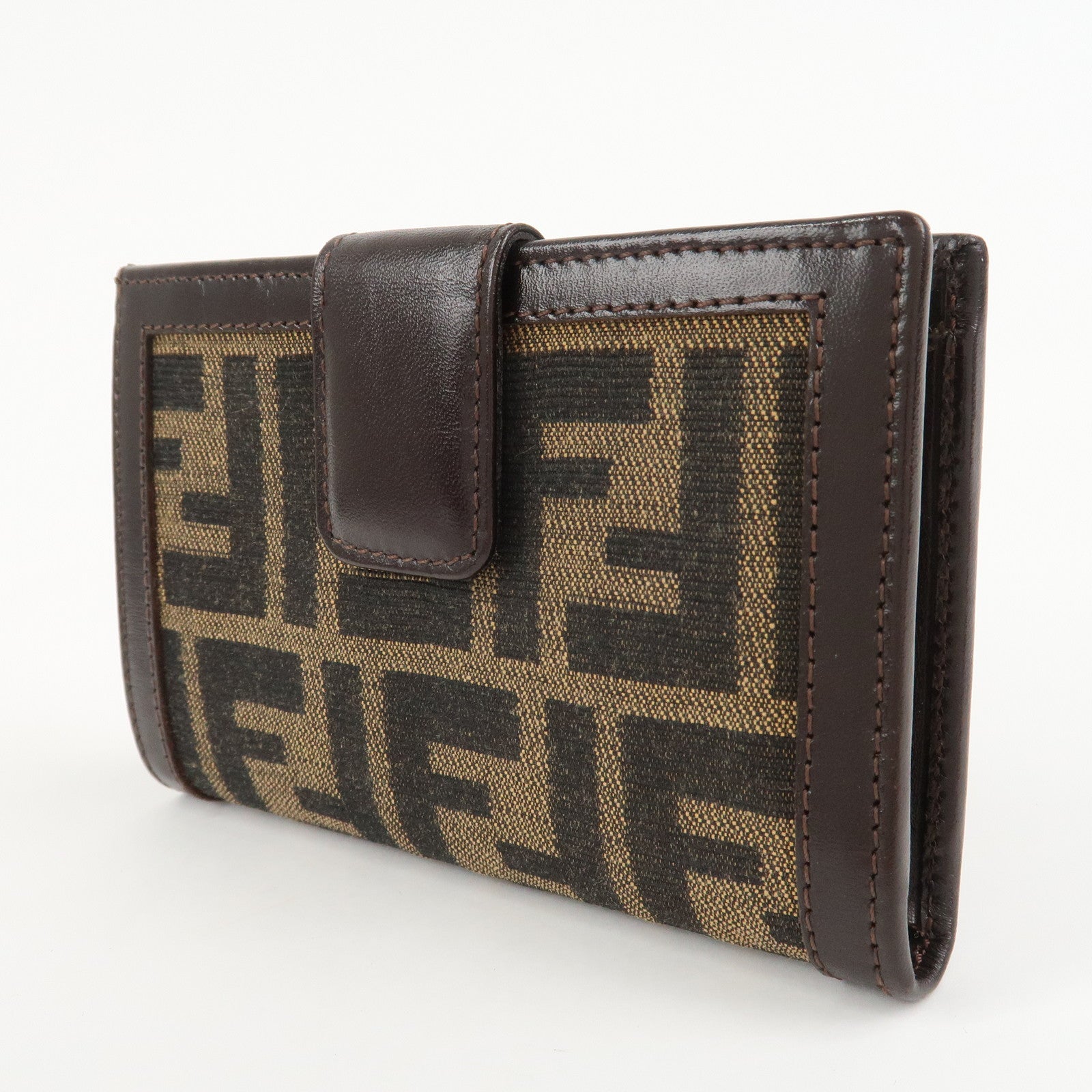 FENDI Zucca Canvas Leather Bifold Wallet Brown Black 1692 Used