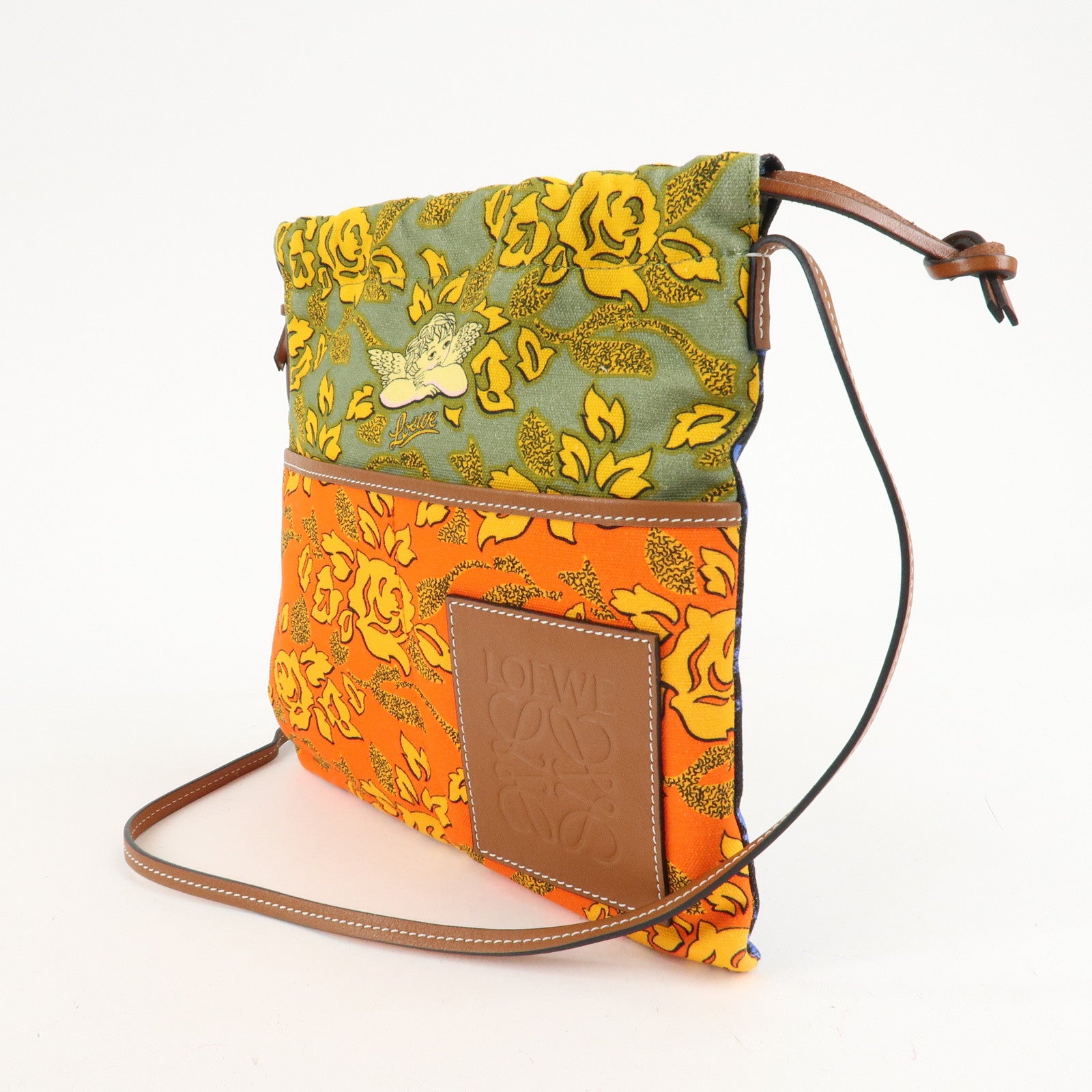 LOEWE Anagram Canvas Leather Paula's Ibiza Drawstring Shoulder Bag Used