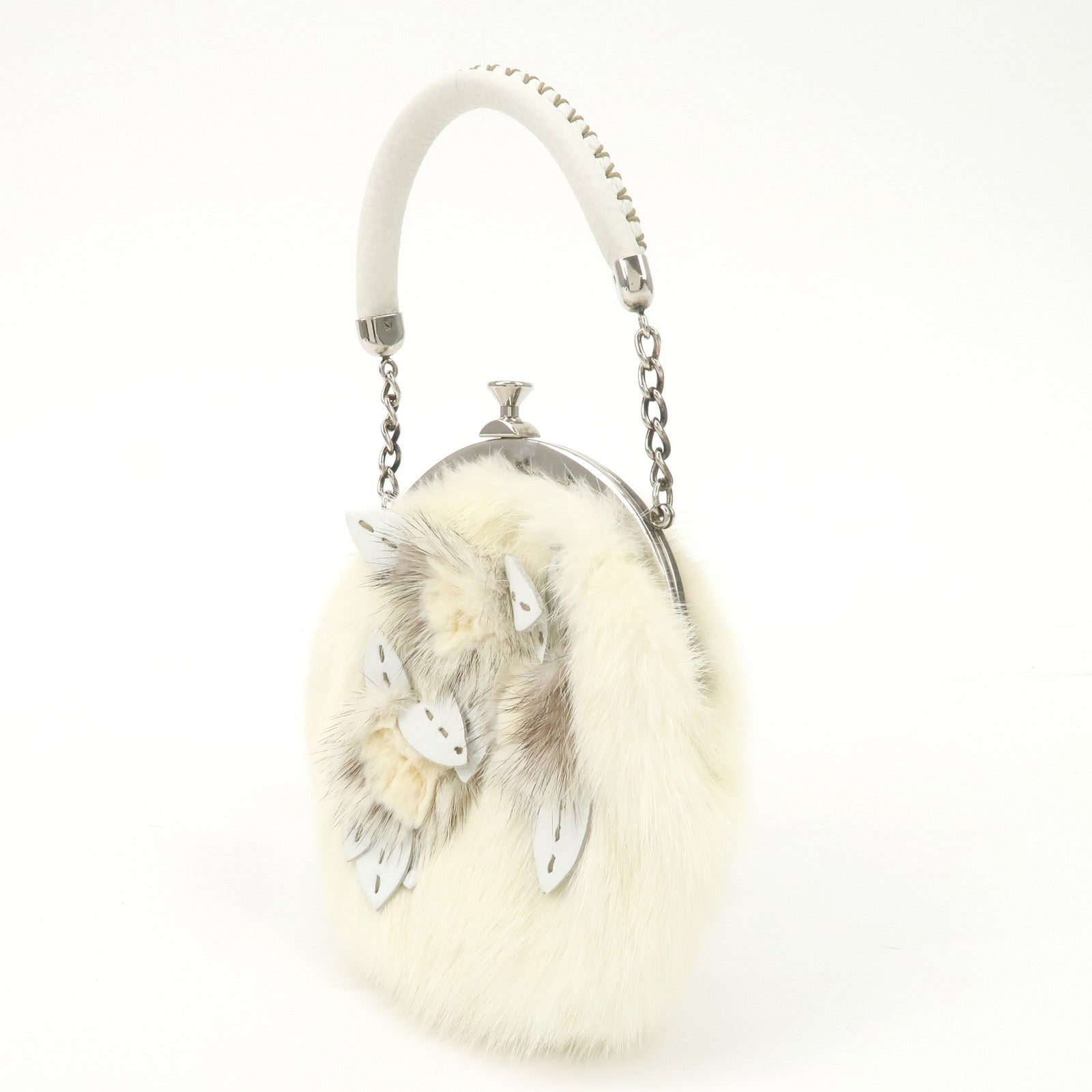 FENDI Seleria Leather Fur Flower Motif Kiss Lock Pouch Hand Bag 8BK048 Used