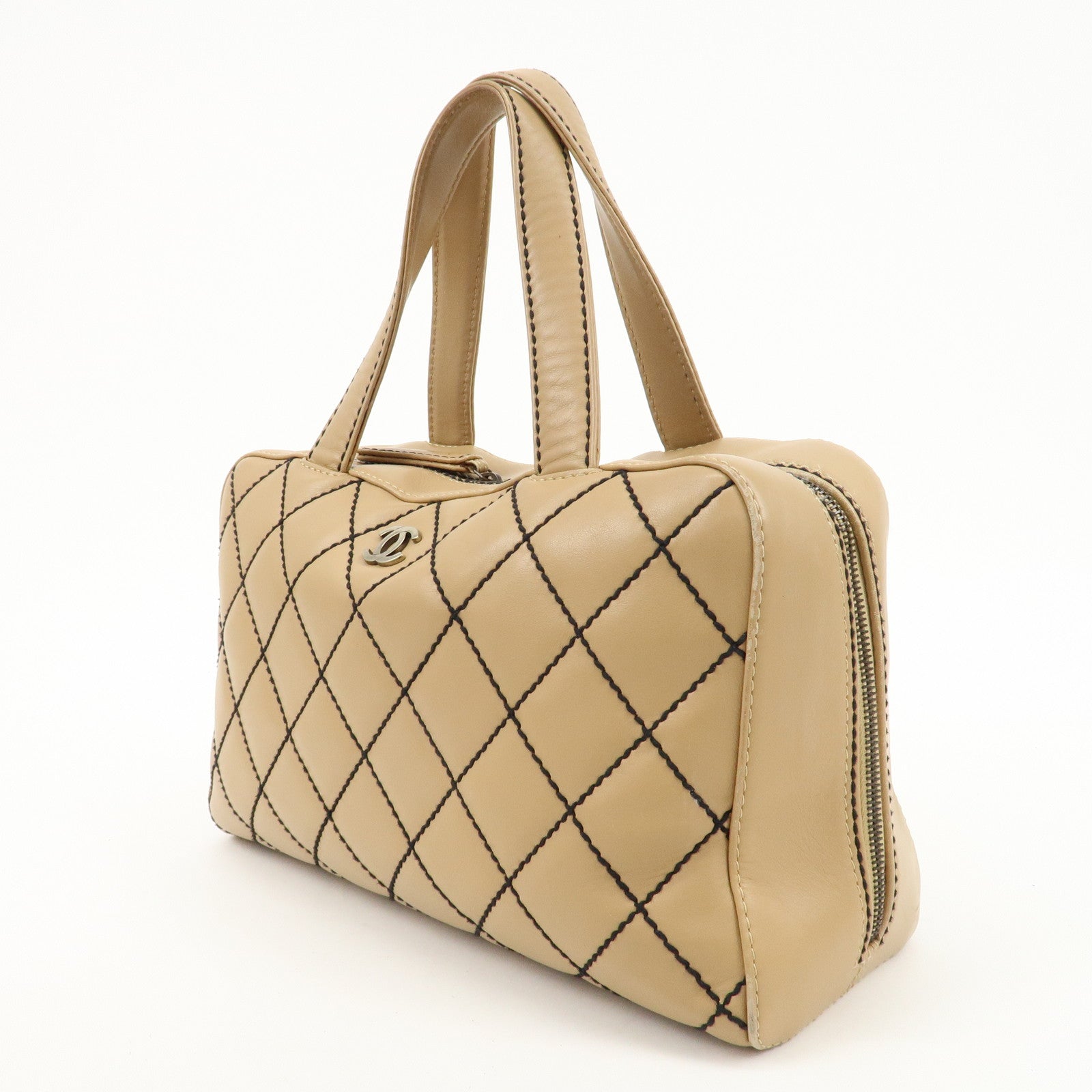 CHANEL Wild Stitch Lamb Skin Coco Mark Hand Bag Beige A14692 Used